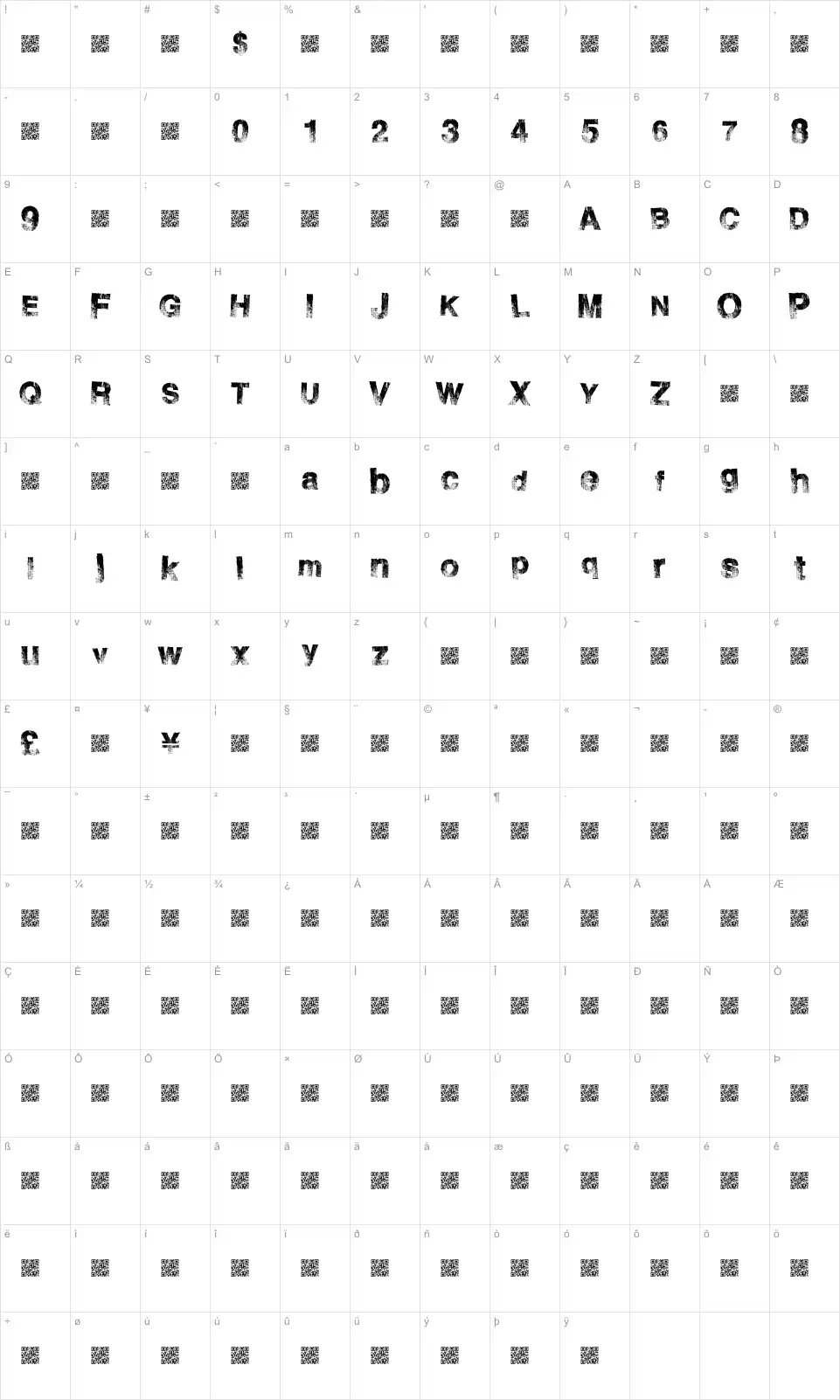 Mapa de caracteres da fonte Burn Side