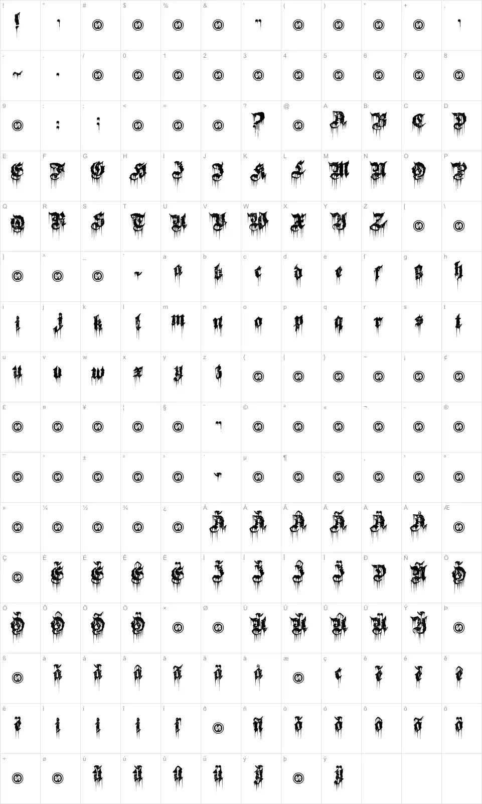 Mapa de caracteres da fonte Burn The Witch