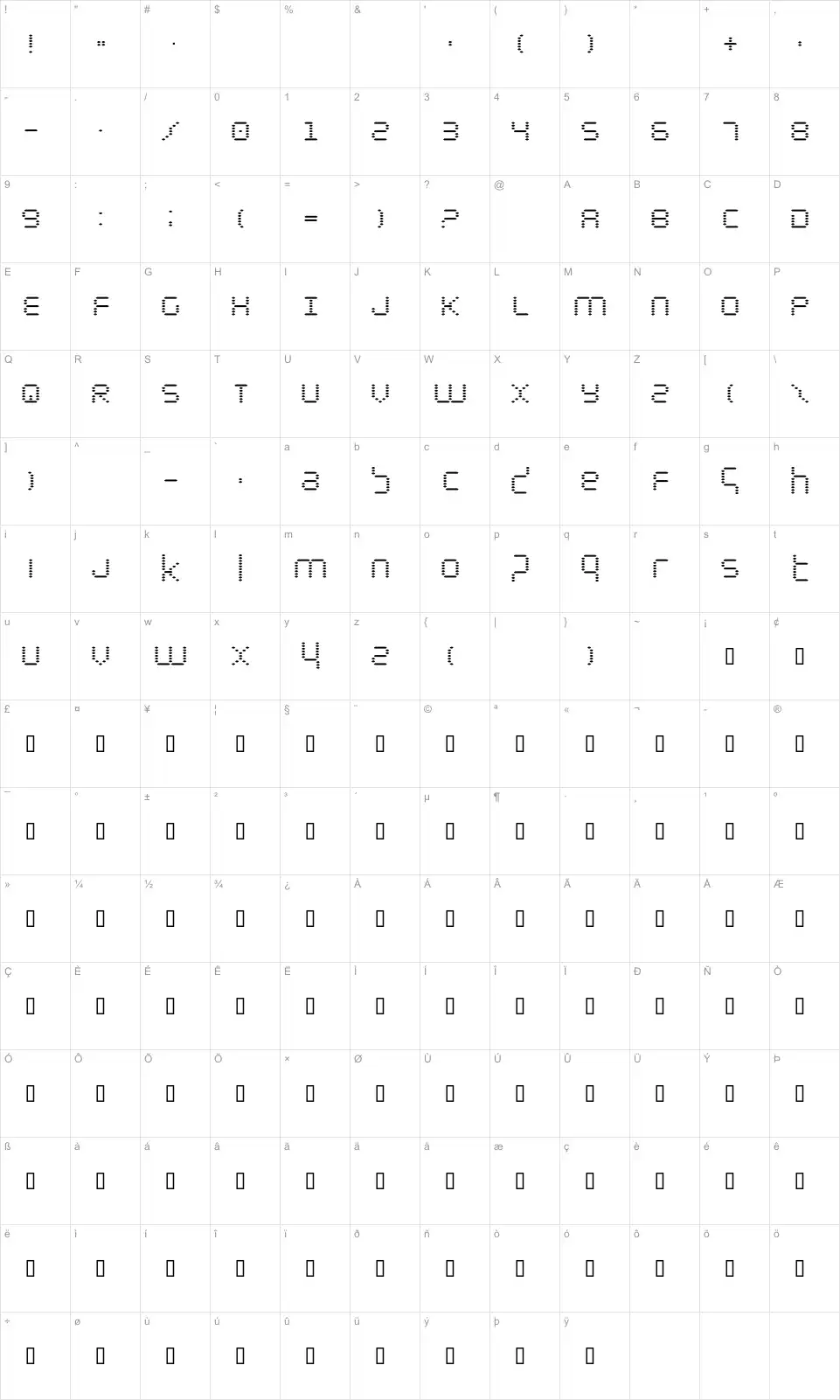 Mapa de caracteres da fonte Byte Police