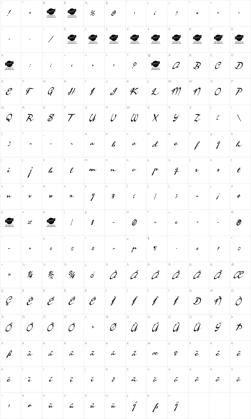 Mapa de caracteres da fonte Calendary Hands