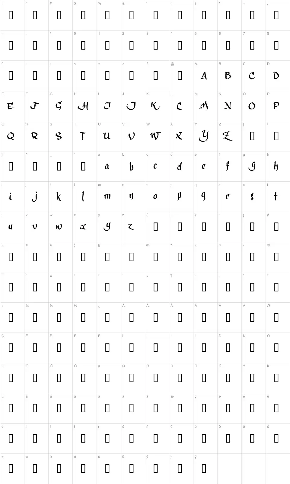 Mapa de caracteres da fonte Calligra Phillip