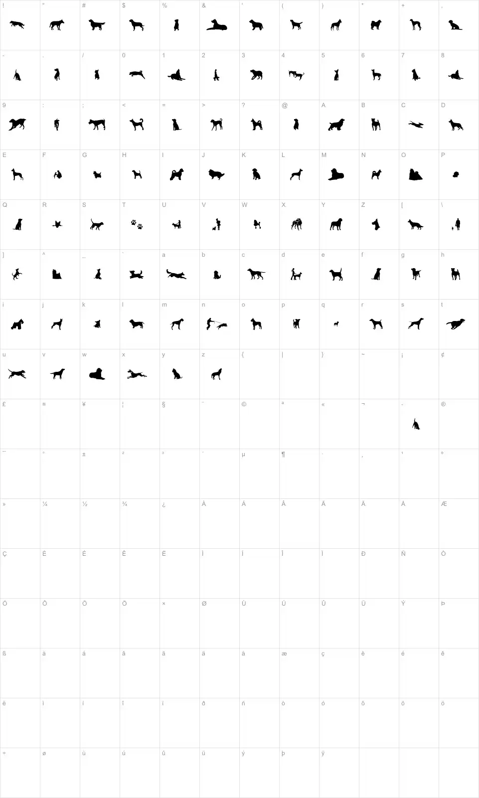Mapa de caracteres da fonte Can Dog TFB