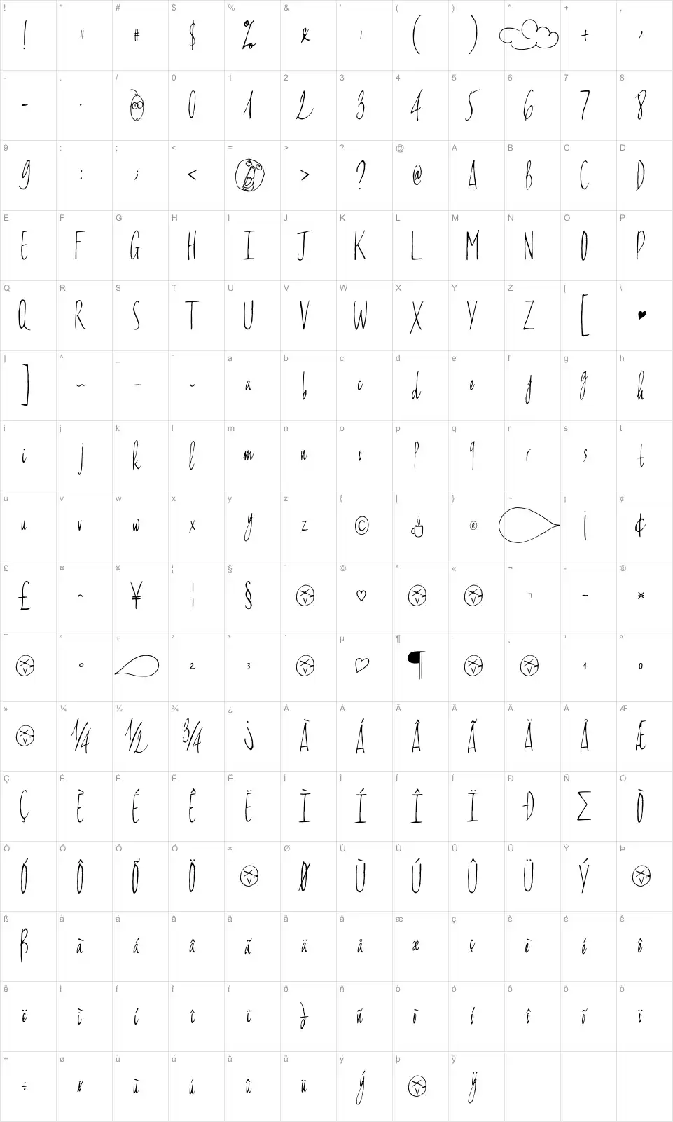 Mapa de caracteres da fonte Can't write quickly in winter