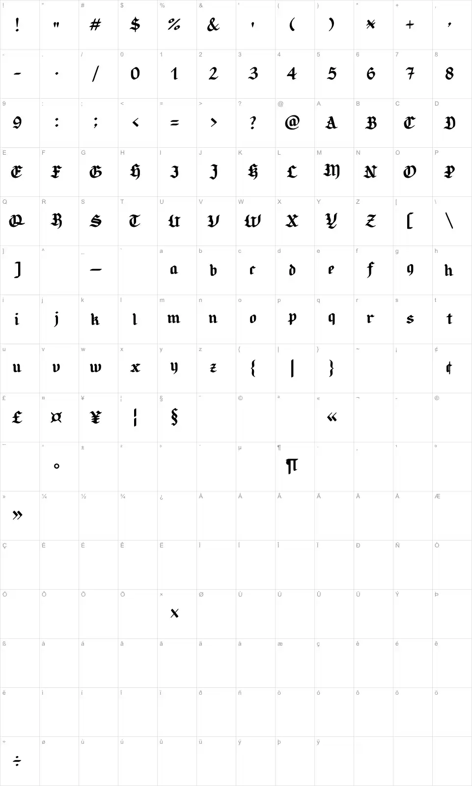 Mapa de caracteres da fonte Candlebright