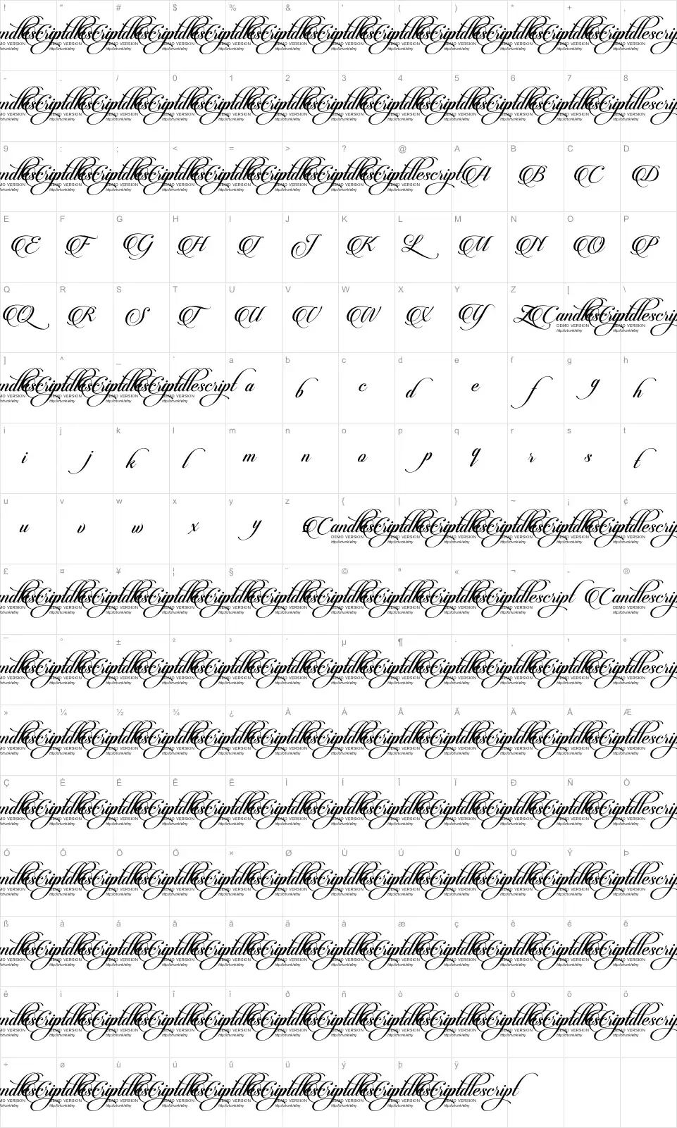 Mapa de caracteres da fonte Candlescript