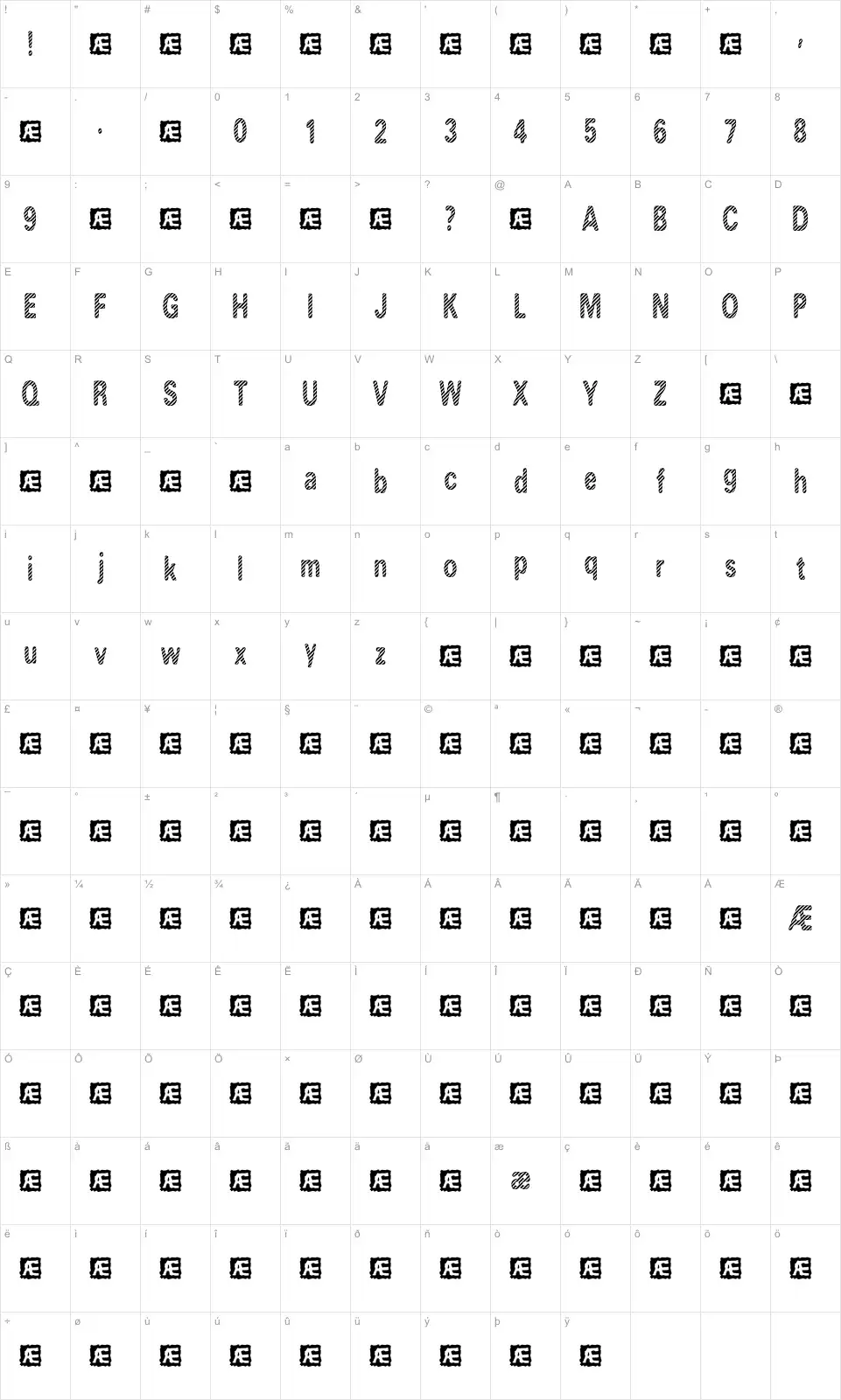 Mapa de caracteres da fonte Candy Stripe