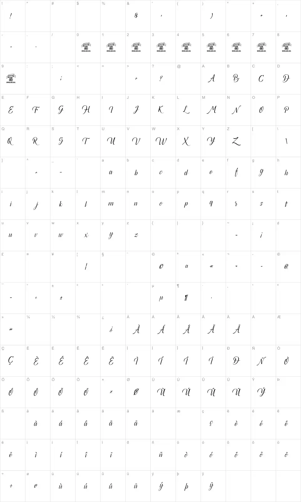 Mapa de caracteres da fonte Canela Bark