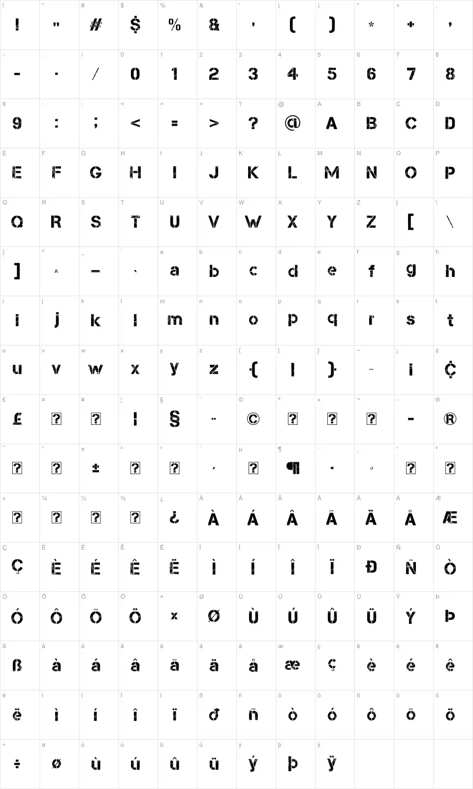 Mapa de caracteres da fonte Capture Smallz