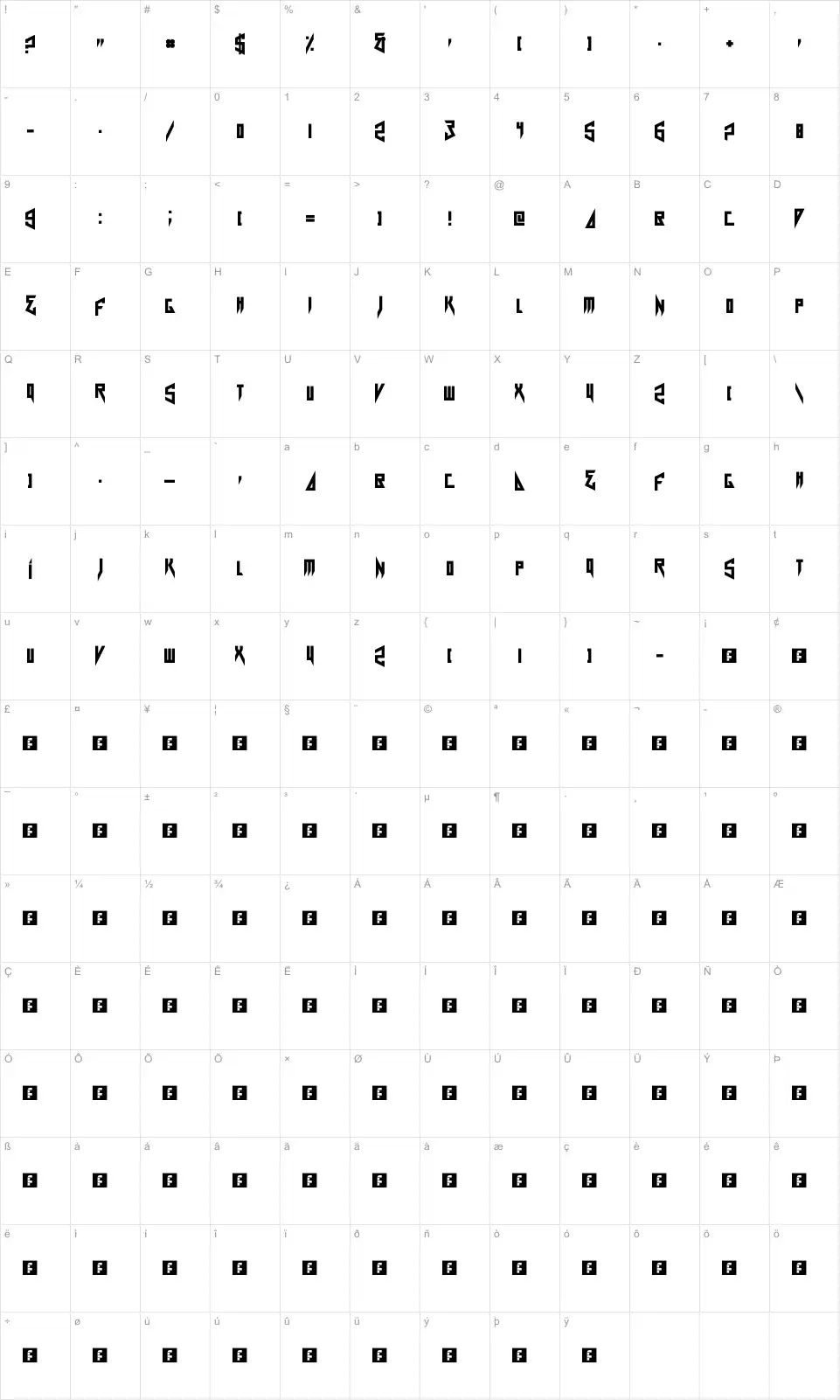 Mapa de caracteres da fonte Card Shark