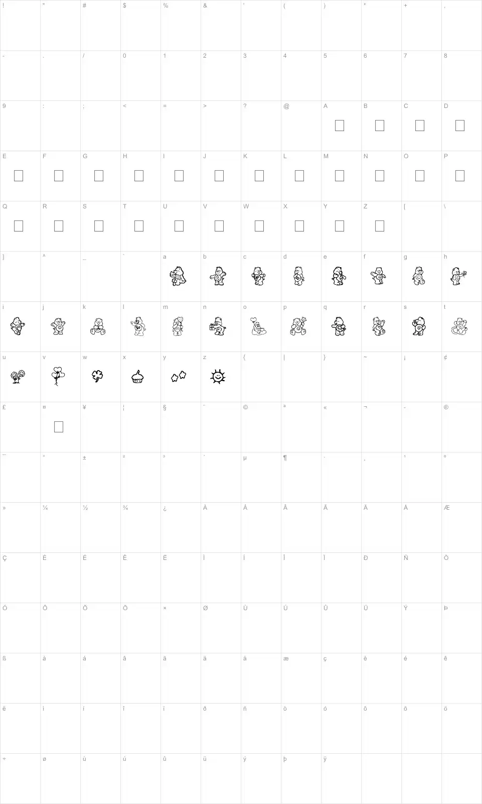 Mapa de caracteres da fonte Care Bears