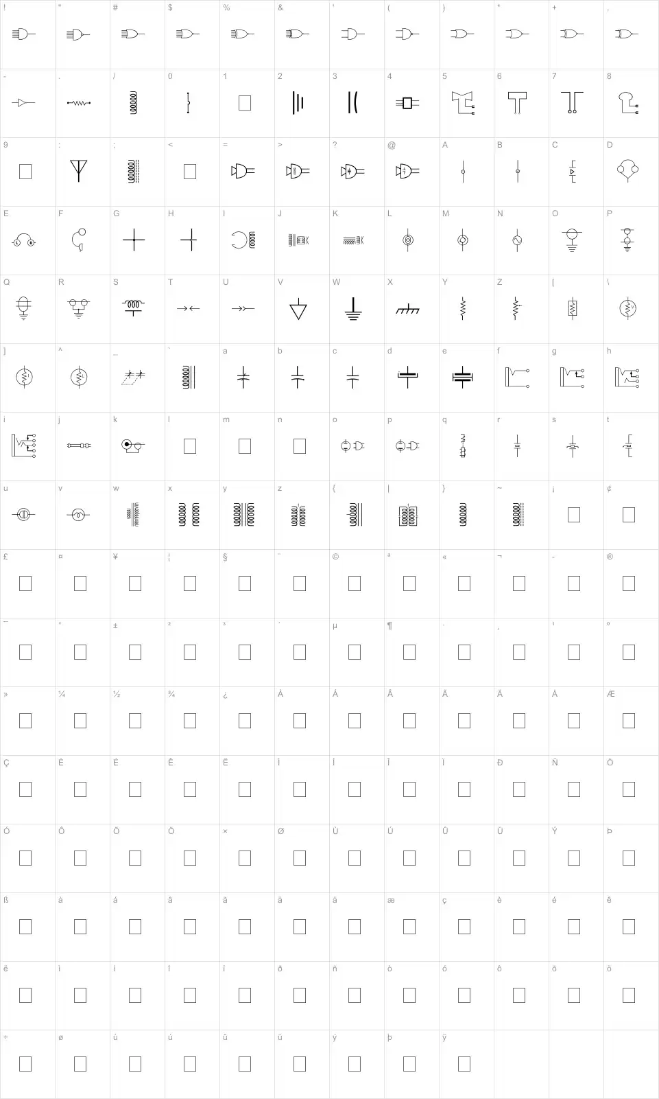 Mapa de caracteres da fonte Carr Electronic