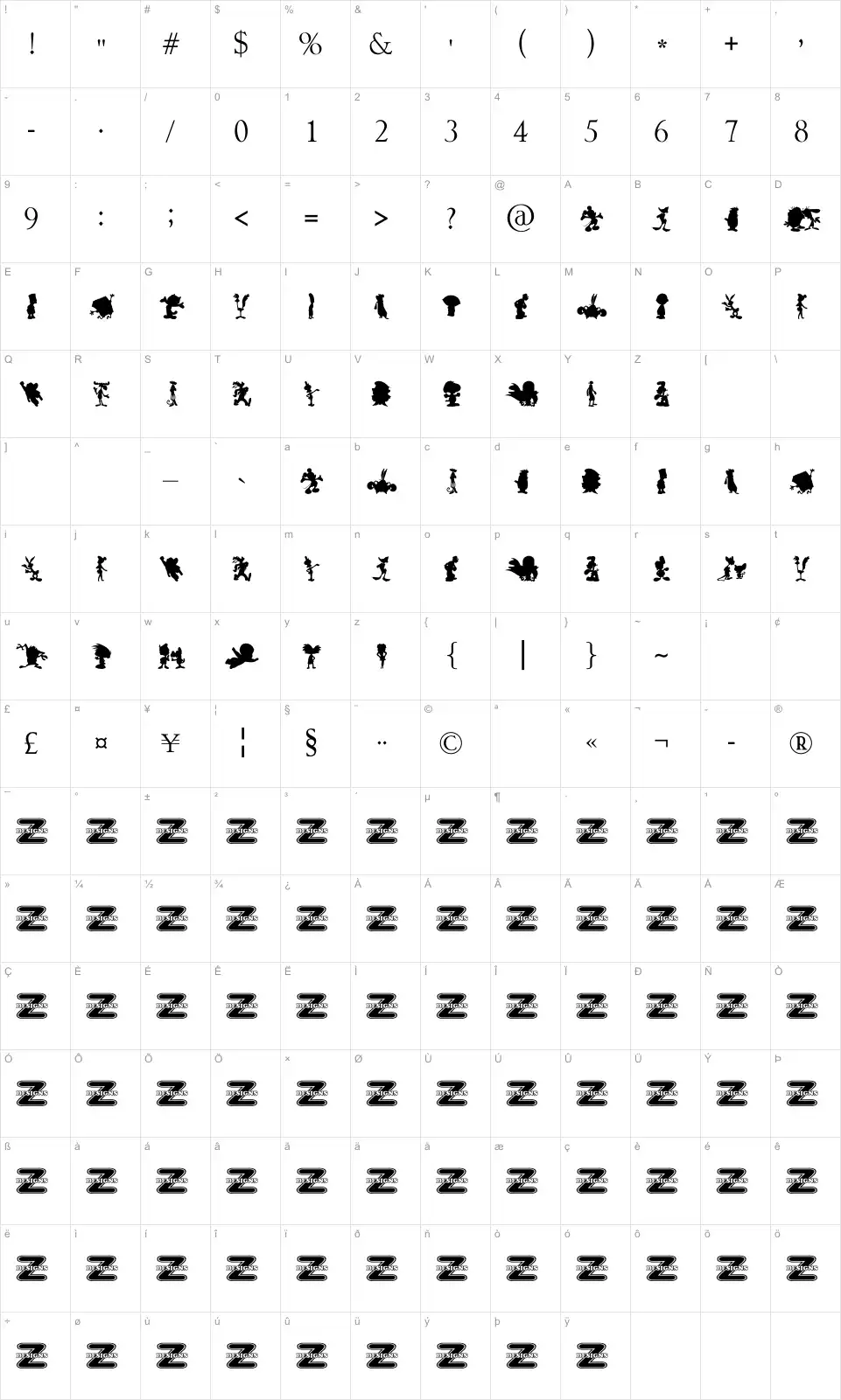 Mapa de caracteres da fonte Cartoon Silhouettes