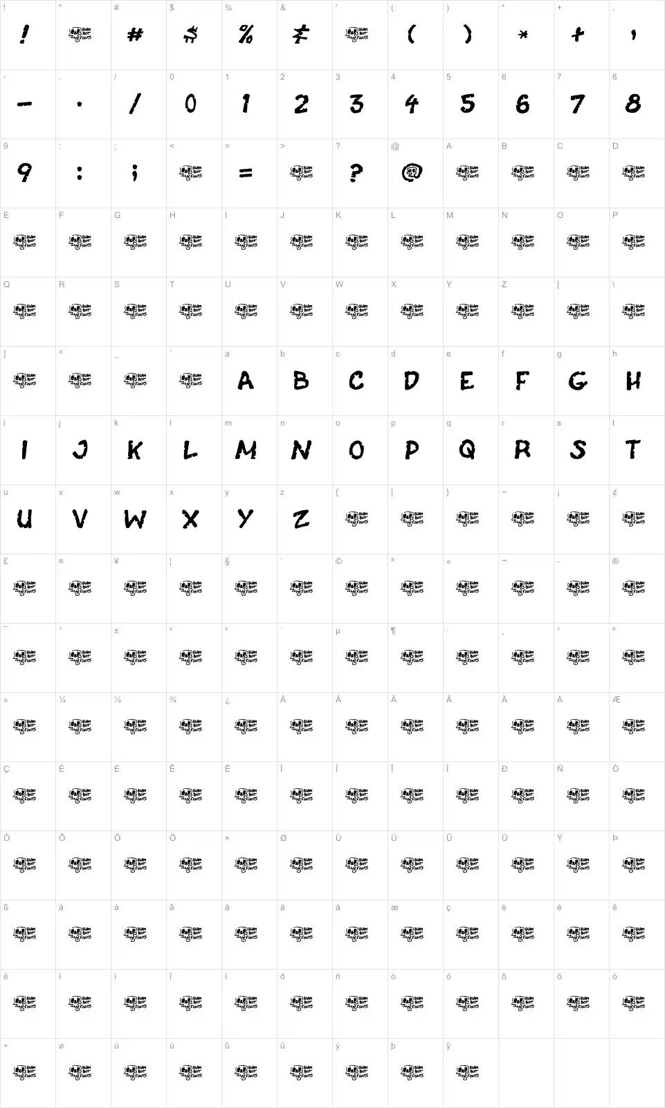 Mapa de caracteres da fonte Casket Breath
