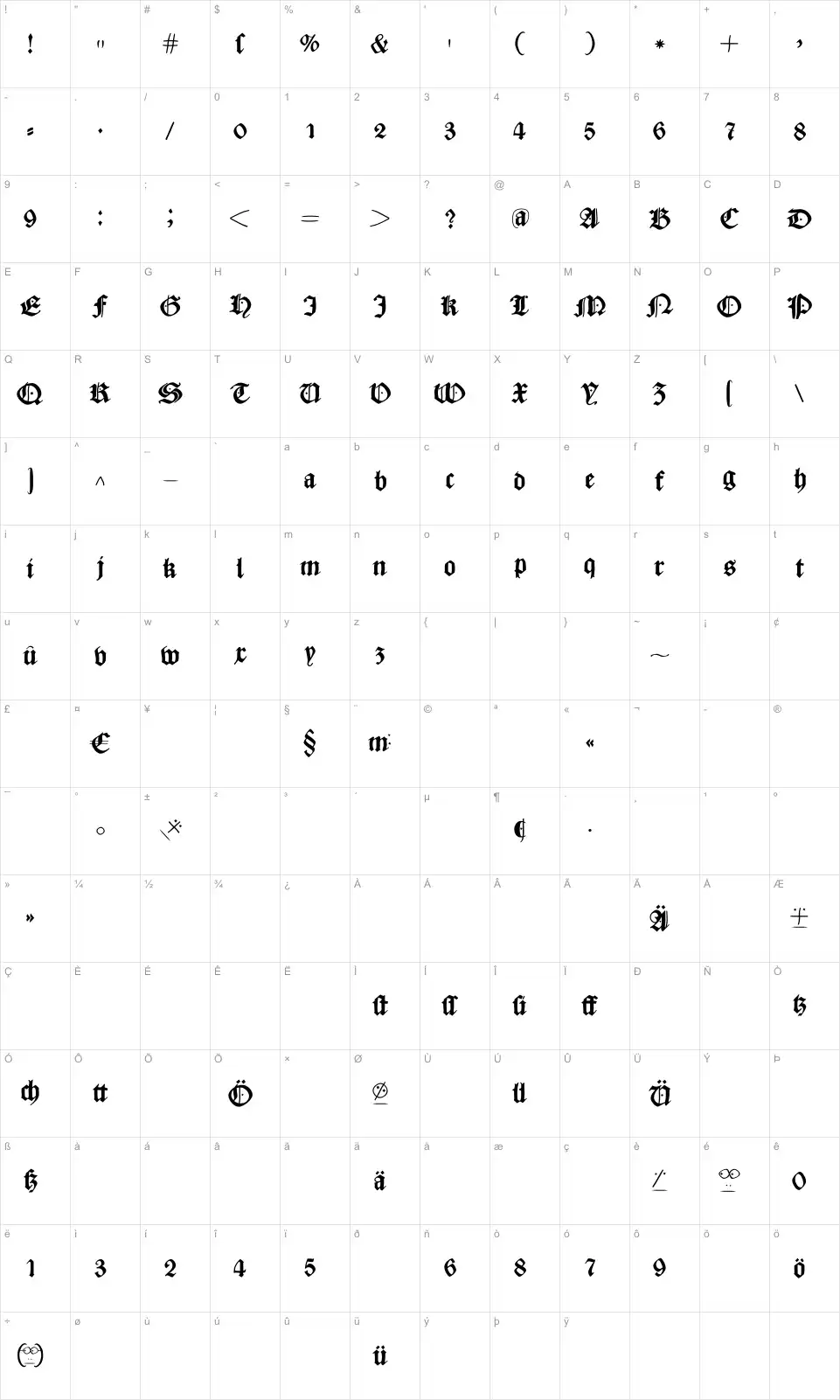 Mapa de caracteres da fonte Caslonish Fraxx