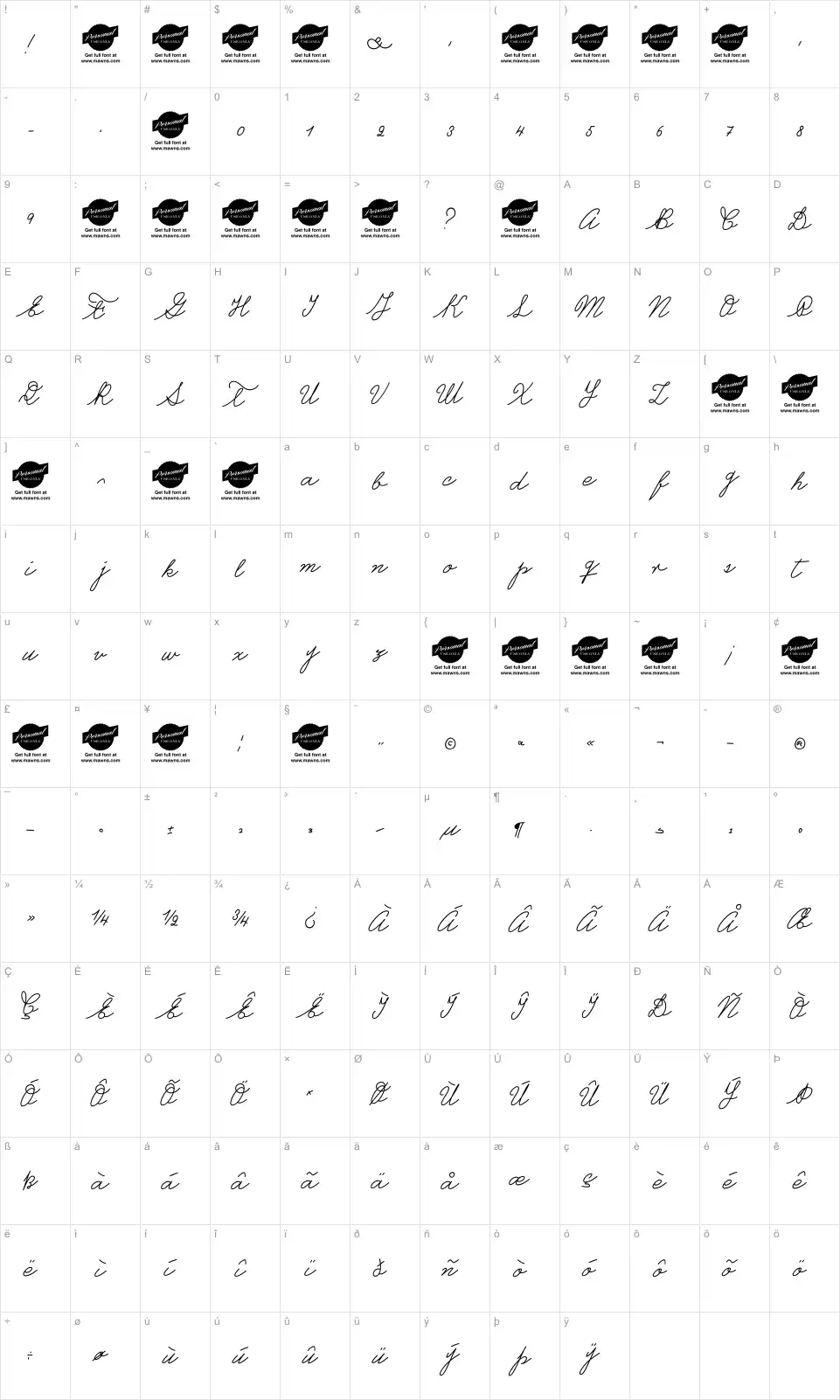 Mapa de caracteres da fonte Castro Script