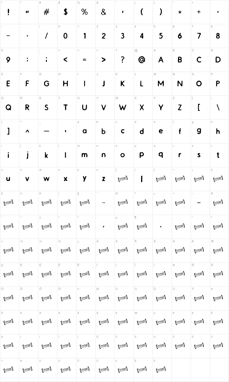 Mapa de caracteres da fonte Catalogue