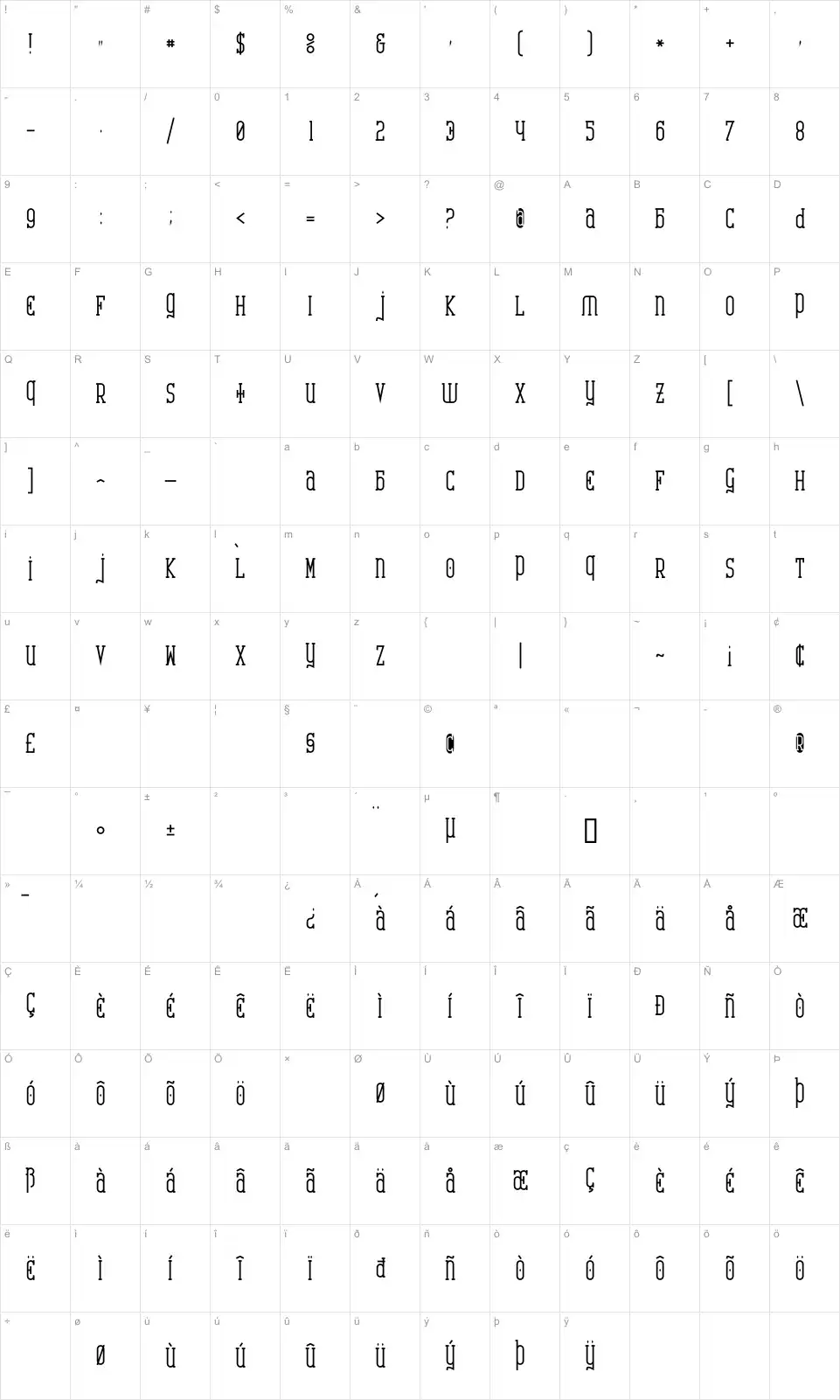 Mapa de caracteres da fonte Catharsis Requiem