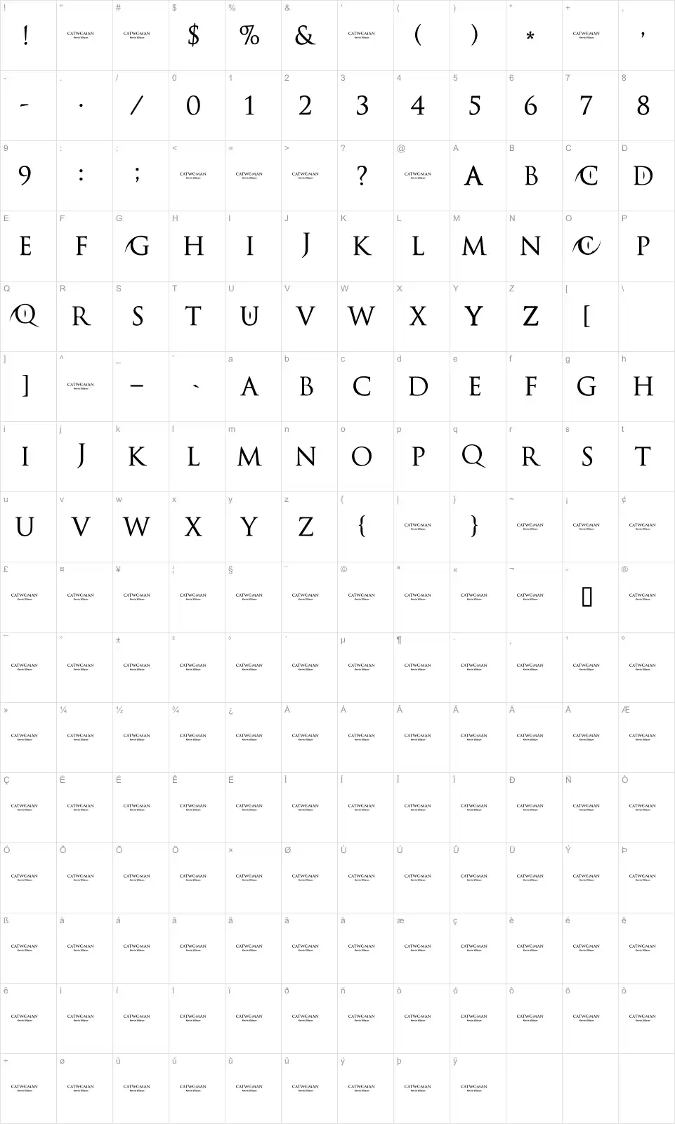 Mapa de caracteres da fonte Catwoman