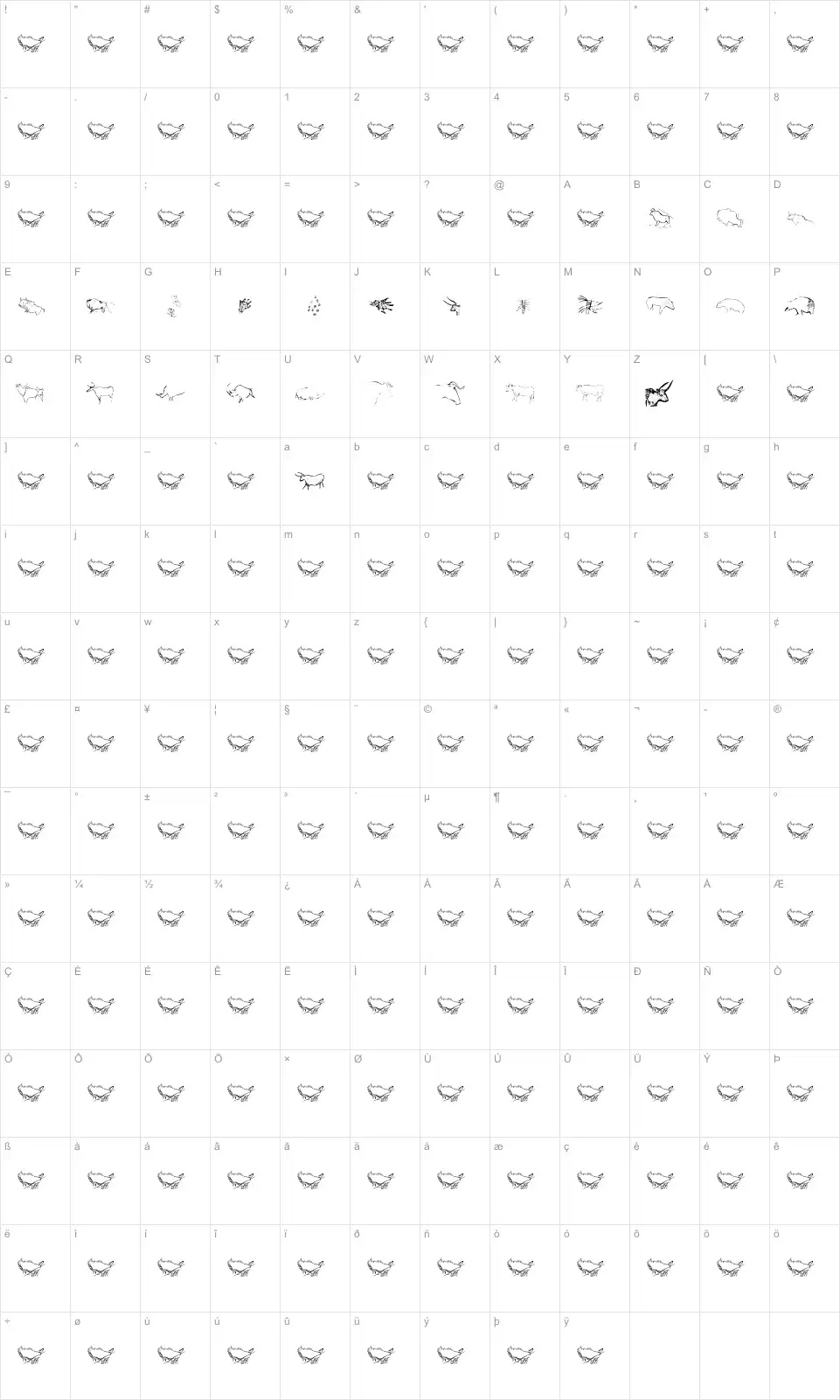 Mapa de caracteres da fonte CaveArt