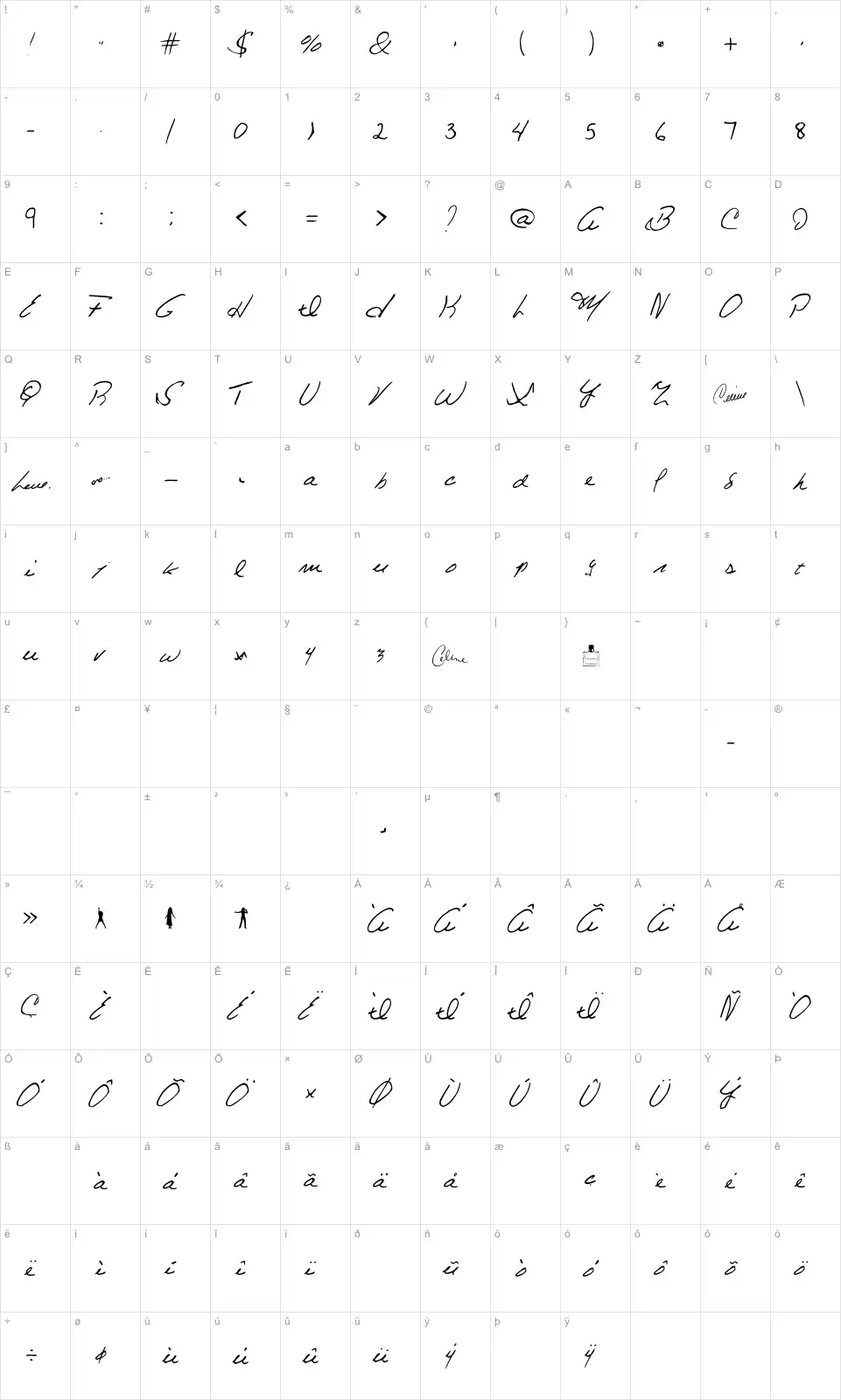 Mapa de caracteres da fonte Celine Dion Handwriting