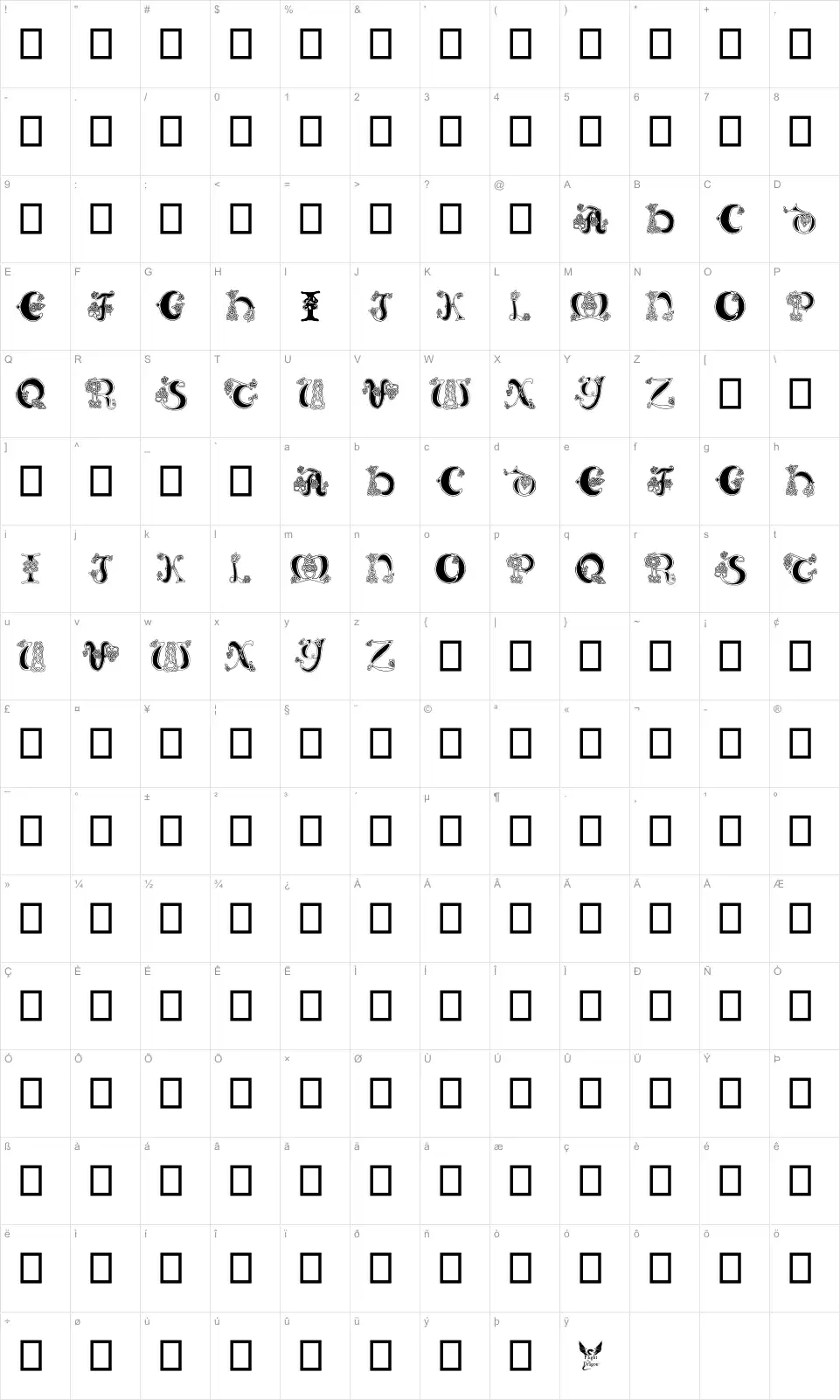 Mapa de caracteres da fonte Celtic Knot