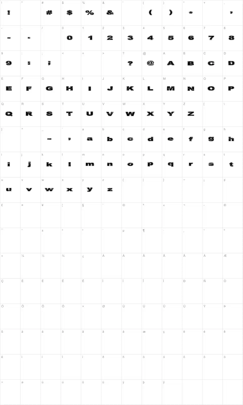 Mapa de caracteres da fonte CF Cracked Stone