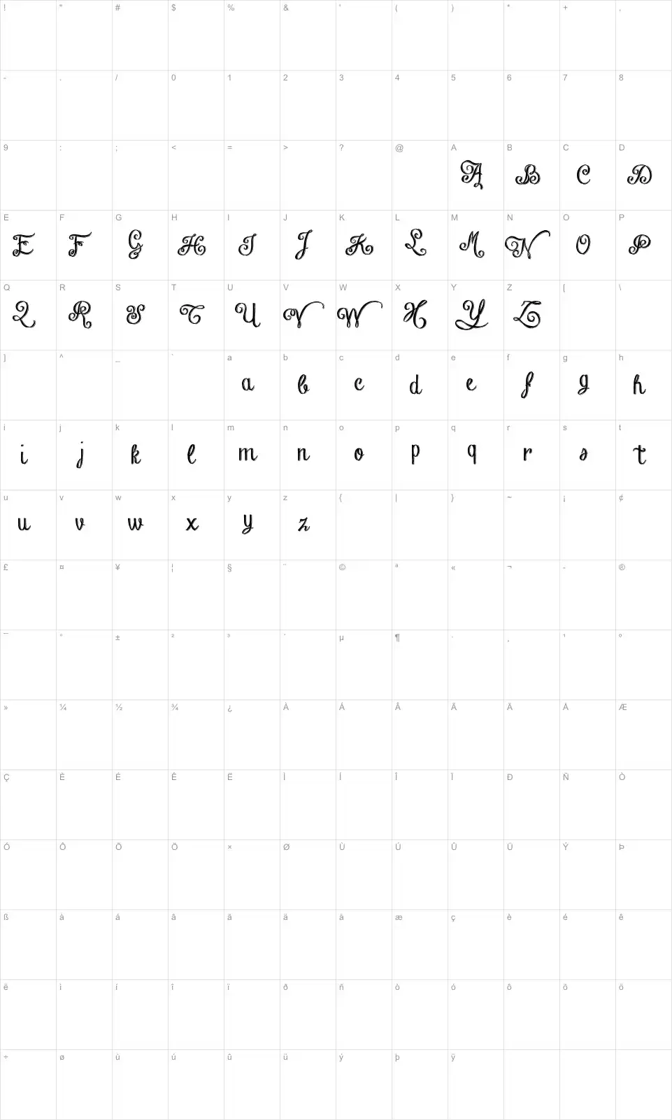 Mapa de caracteres da fonte Chalk Hand Lettering Shaded