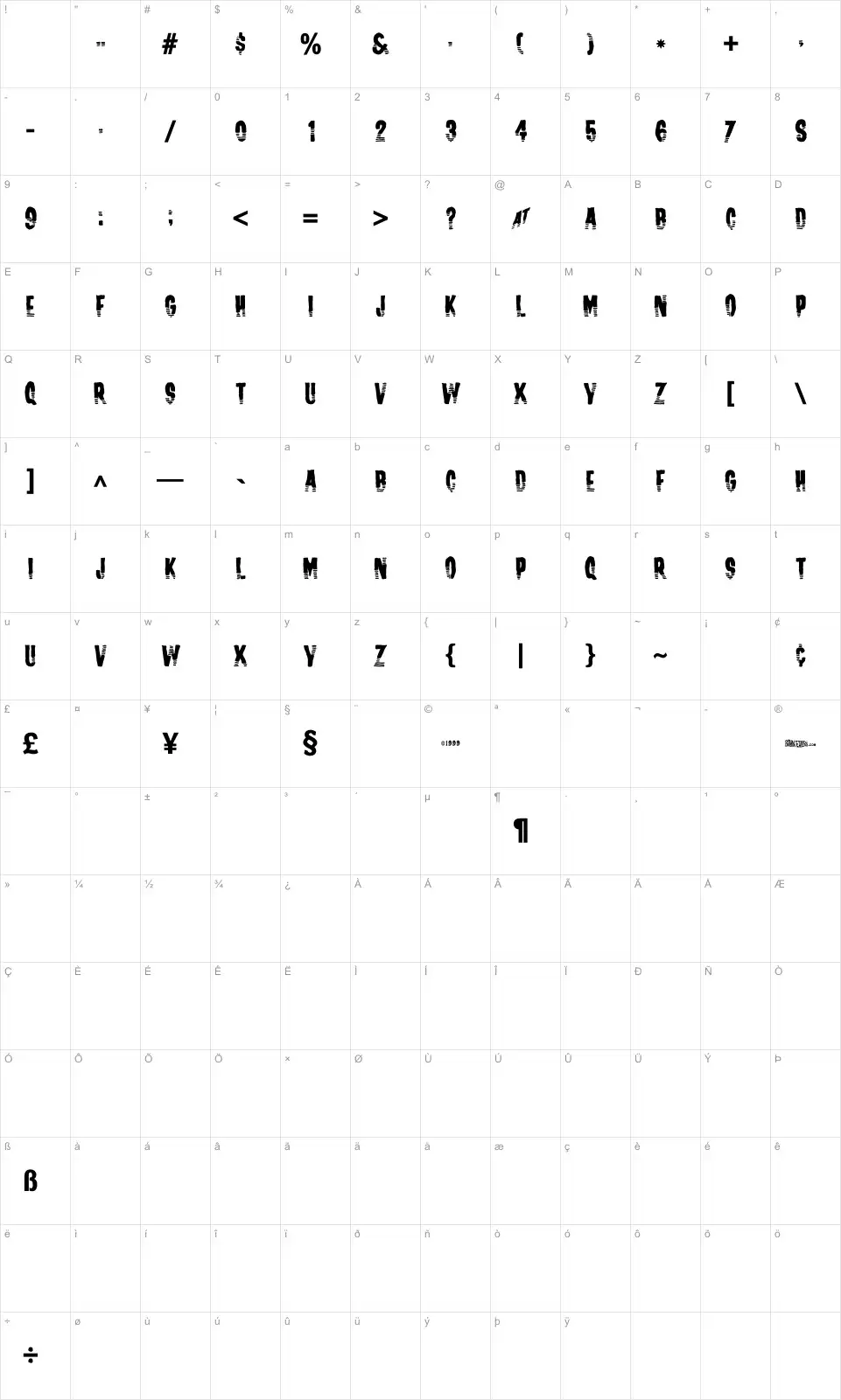 Mapa de caracteres da fonte Channel Tuning