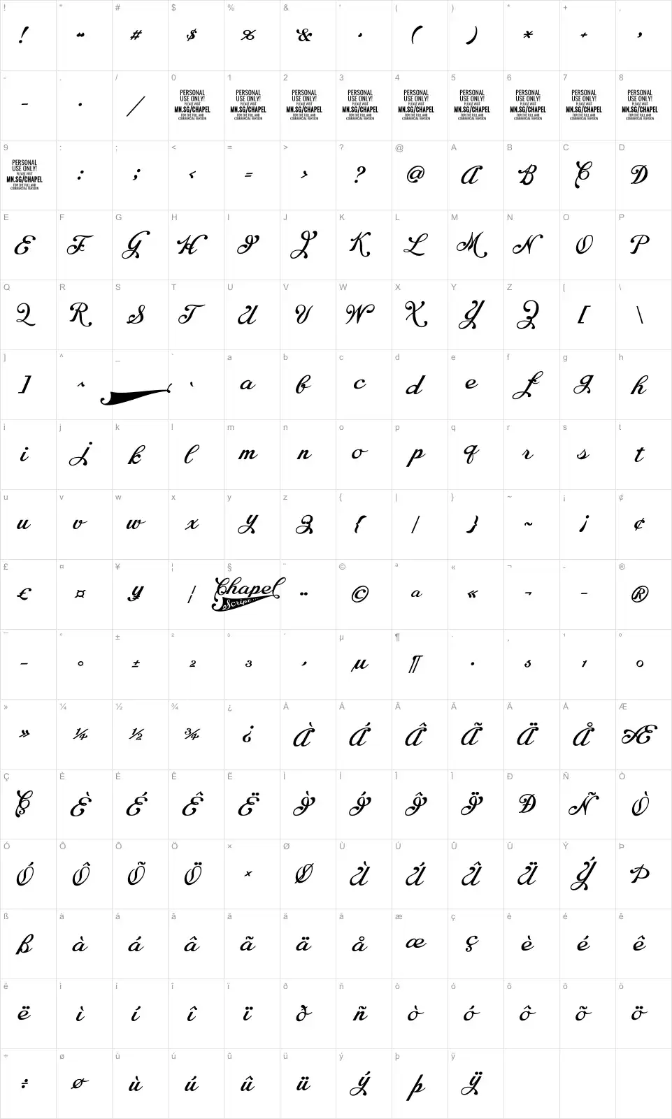 Mapa de caracteres da fonte Chapel Script