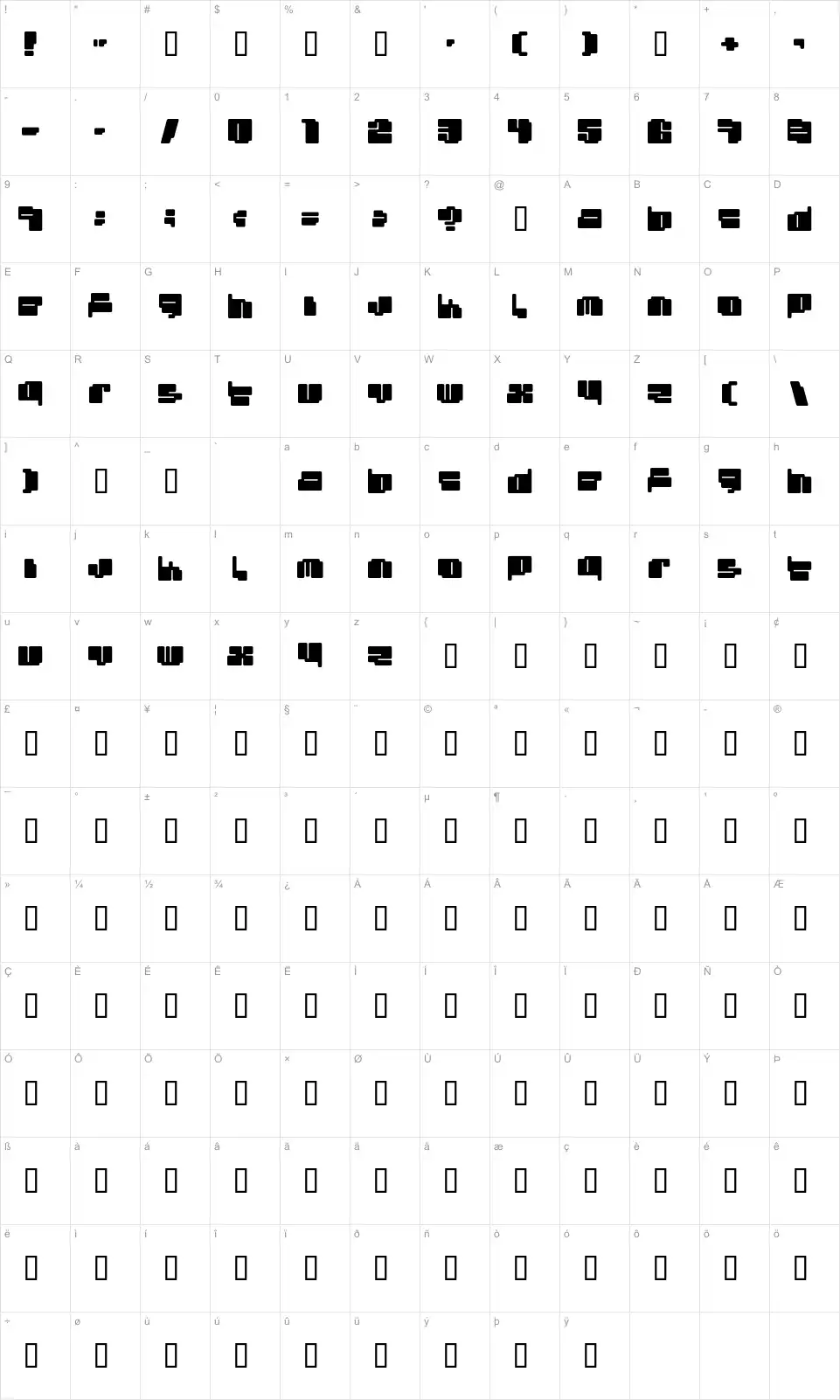 Mapa de caracteres da fonte Cheaptype