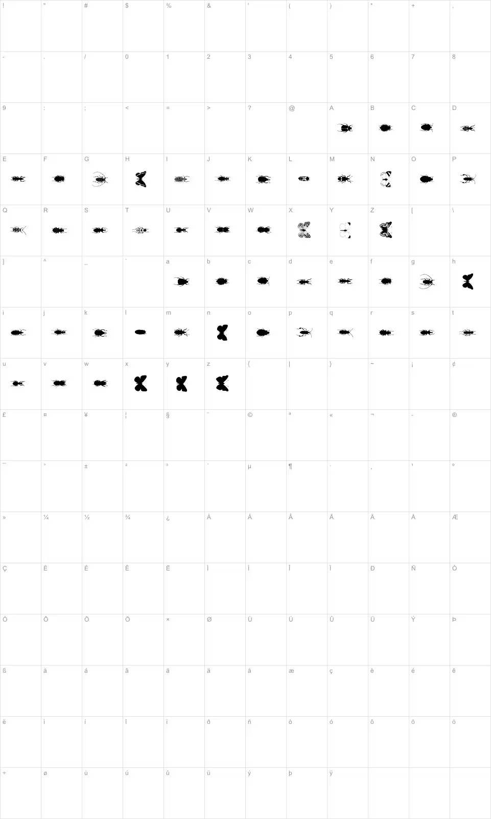 Mapa de caracteres da fonte ChileanBugs