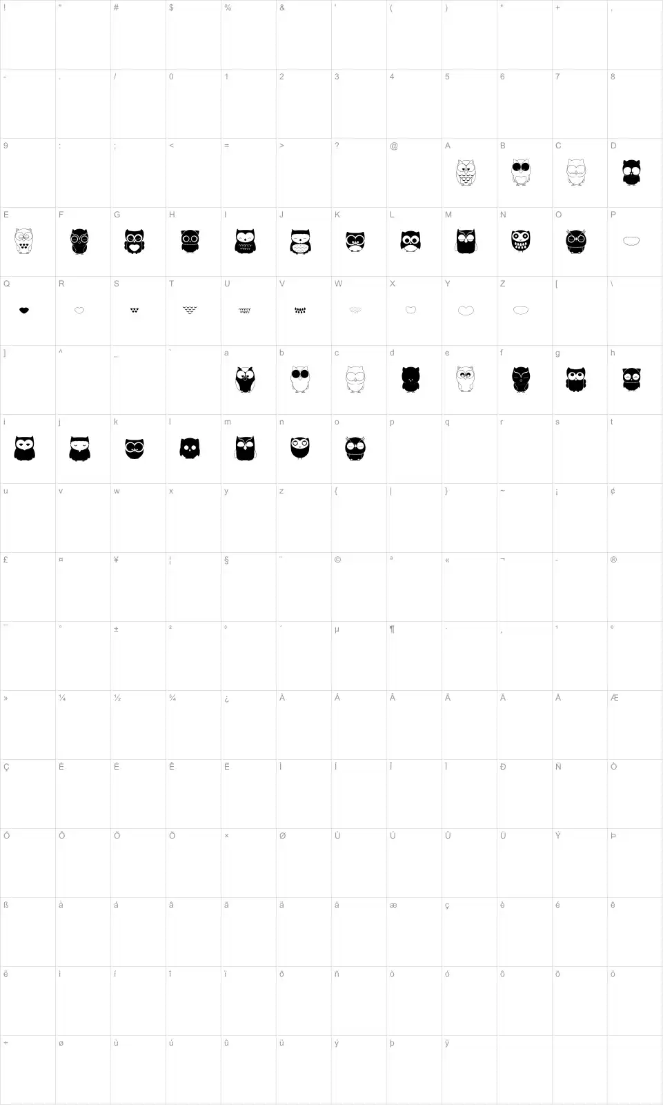 Mapa de caracteres da fonte Chouette alors
