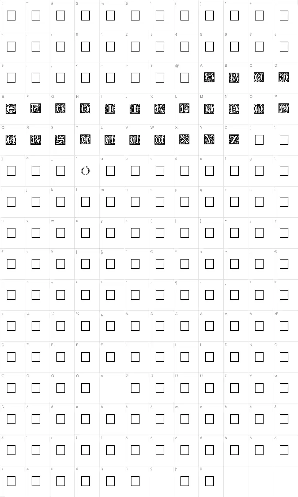 Mapa de caracteres da fonte Christensen Caps