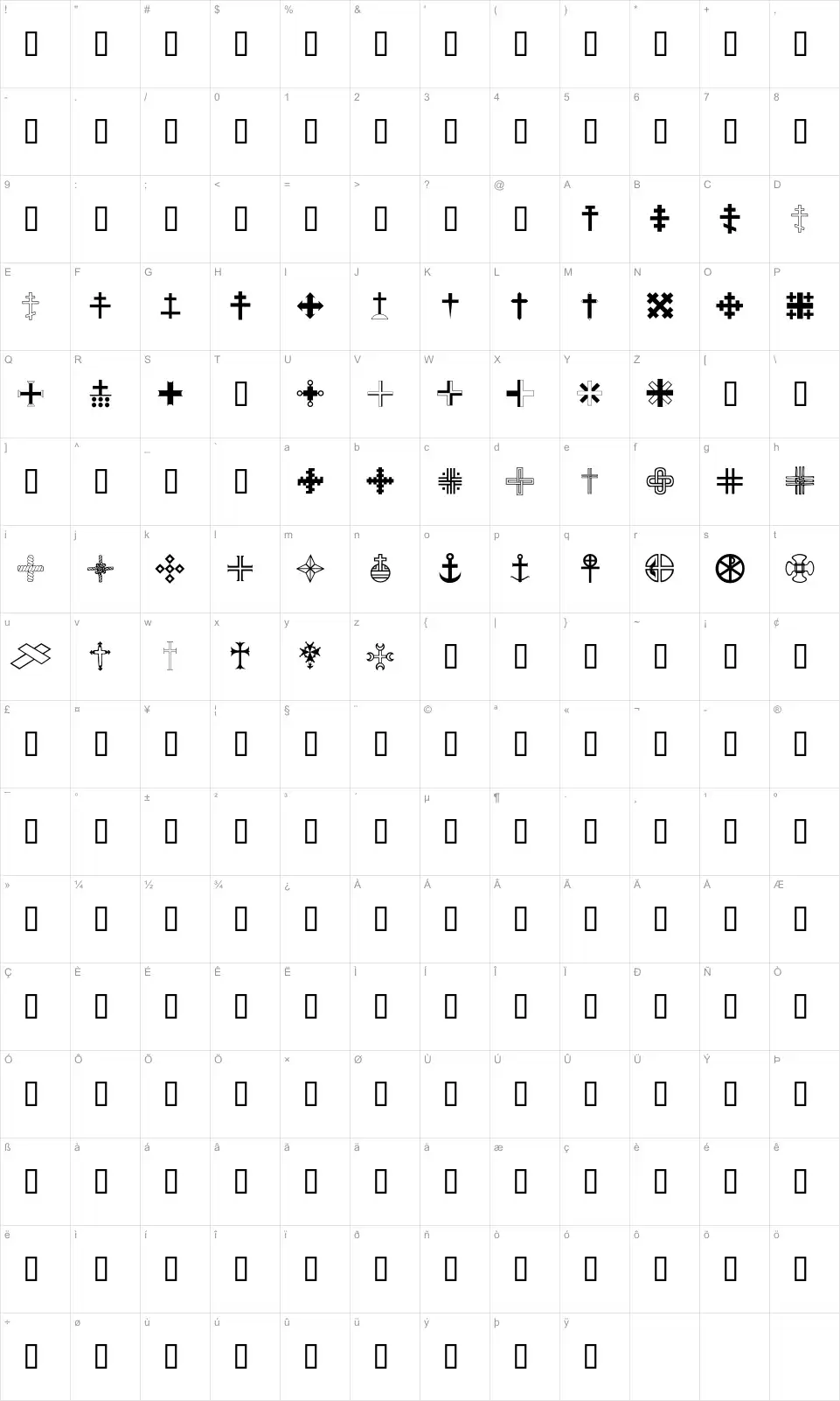 Mapa de caracteres da fonte Christian Crosses