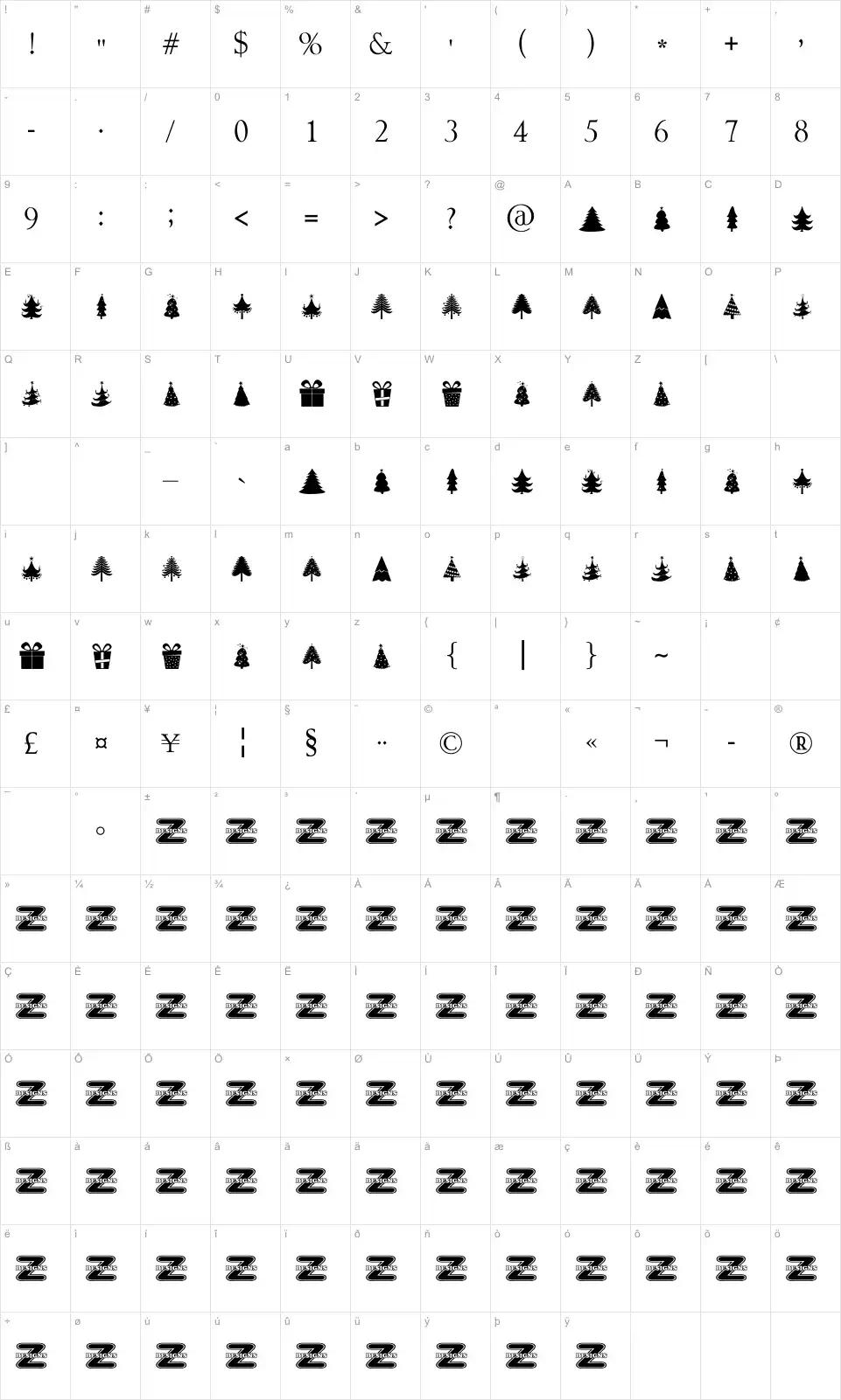 Mapa de caracteres da fonte Christmas Trees