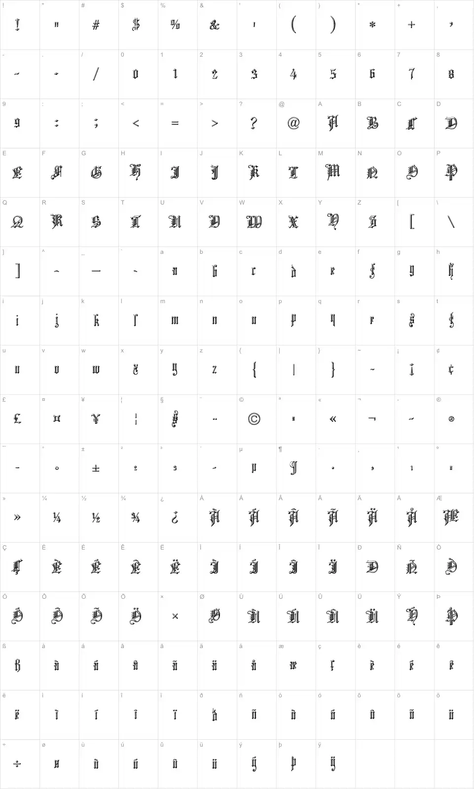 Mapa de caracteres da fonte Church Text 'Shaded'