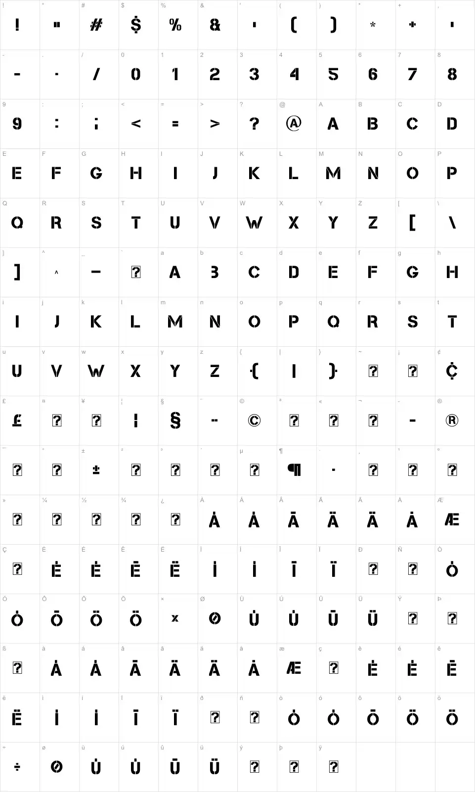 Mapa de caracteres da fonte Cleanwork