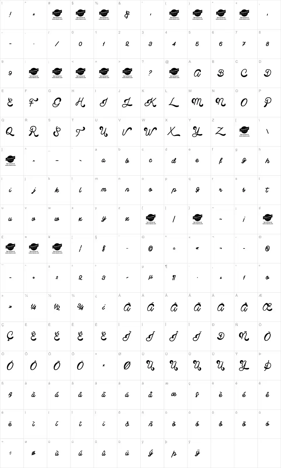 Mapa de caracteres da fonte Clear Line