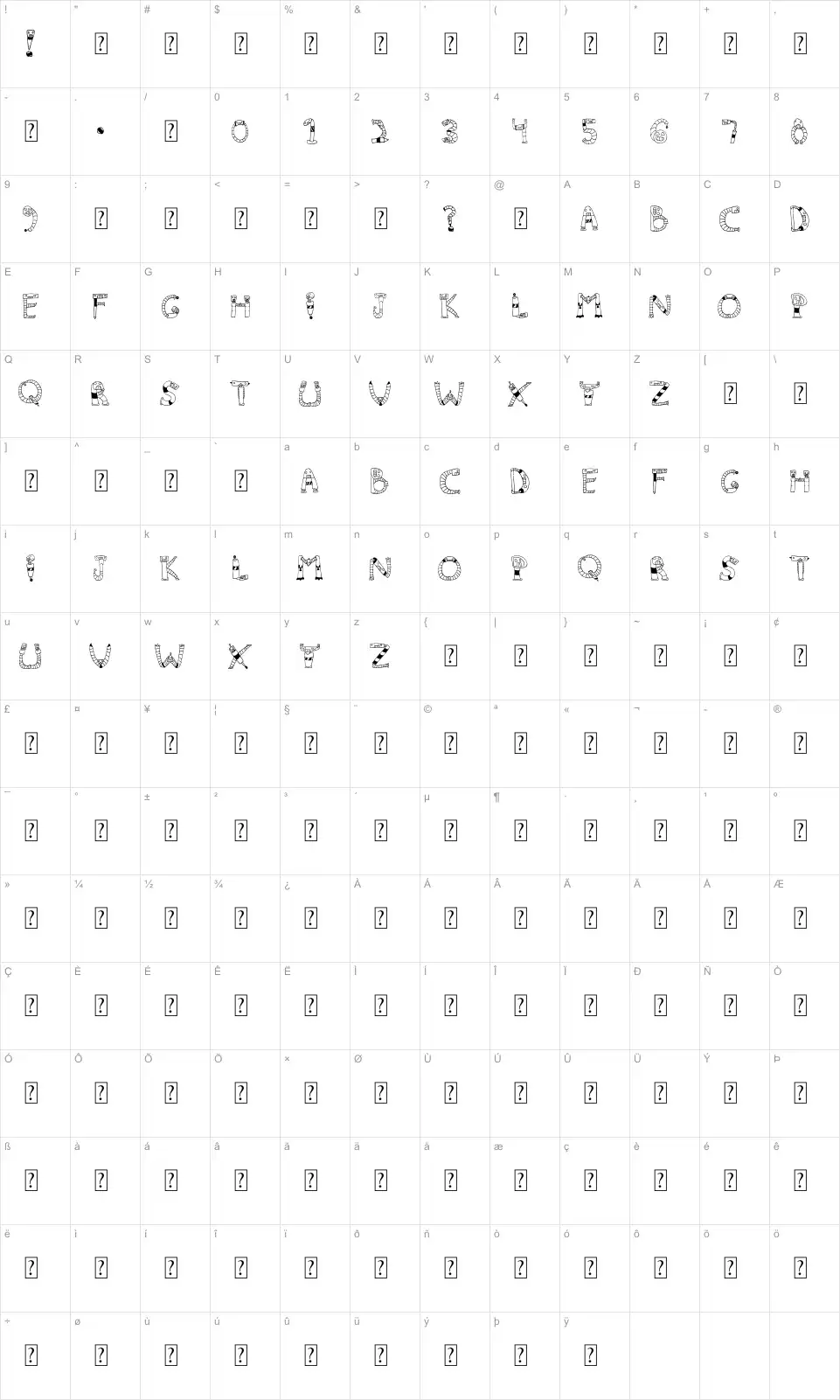 Mapa de caracteres da fonte Clink Clank