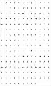 Mapa de caracteres da fonte Cloister Black