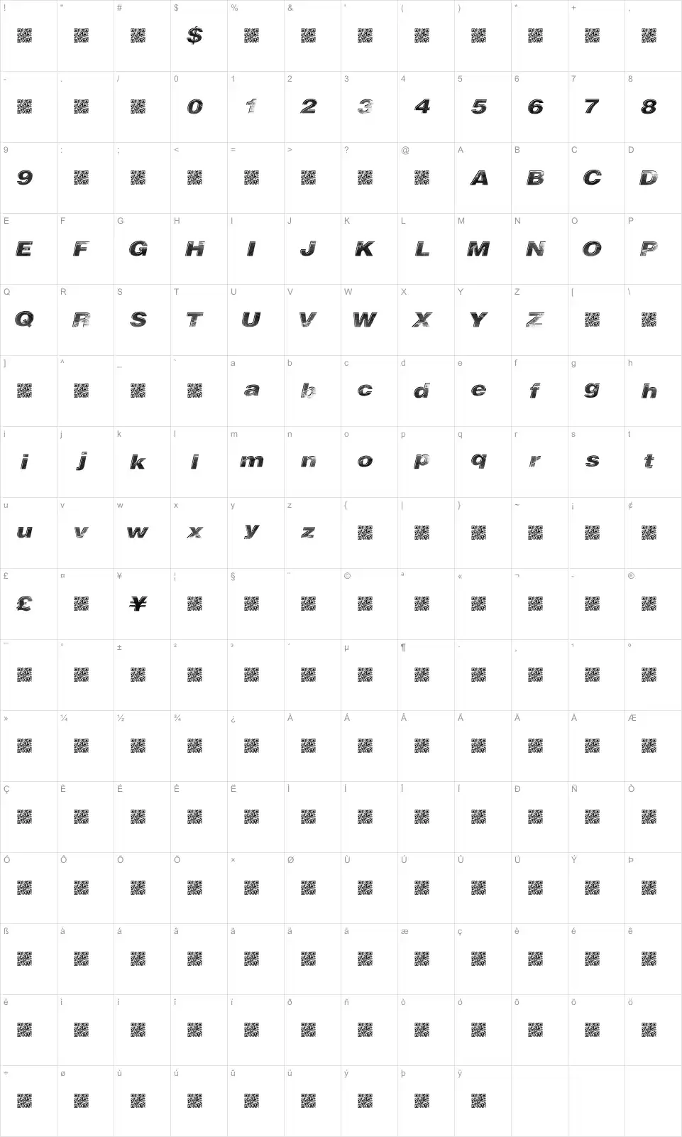 Mapa de caracteres da fonte Close Race