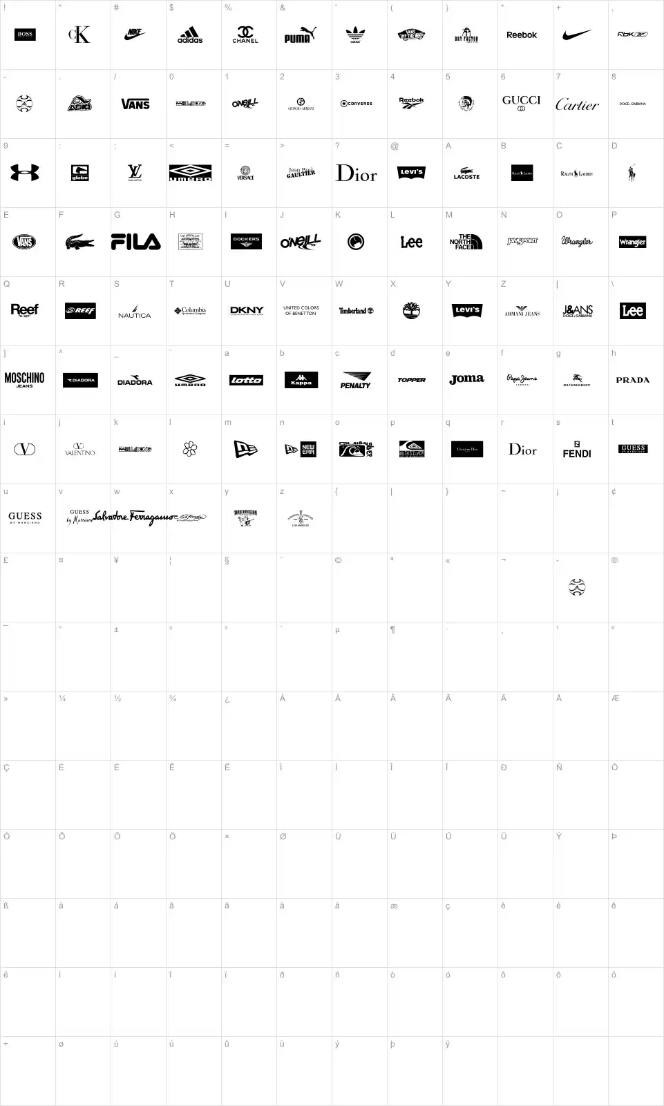 Mapa de caracteres da fonte Clothing Logos TFB