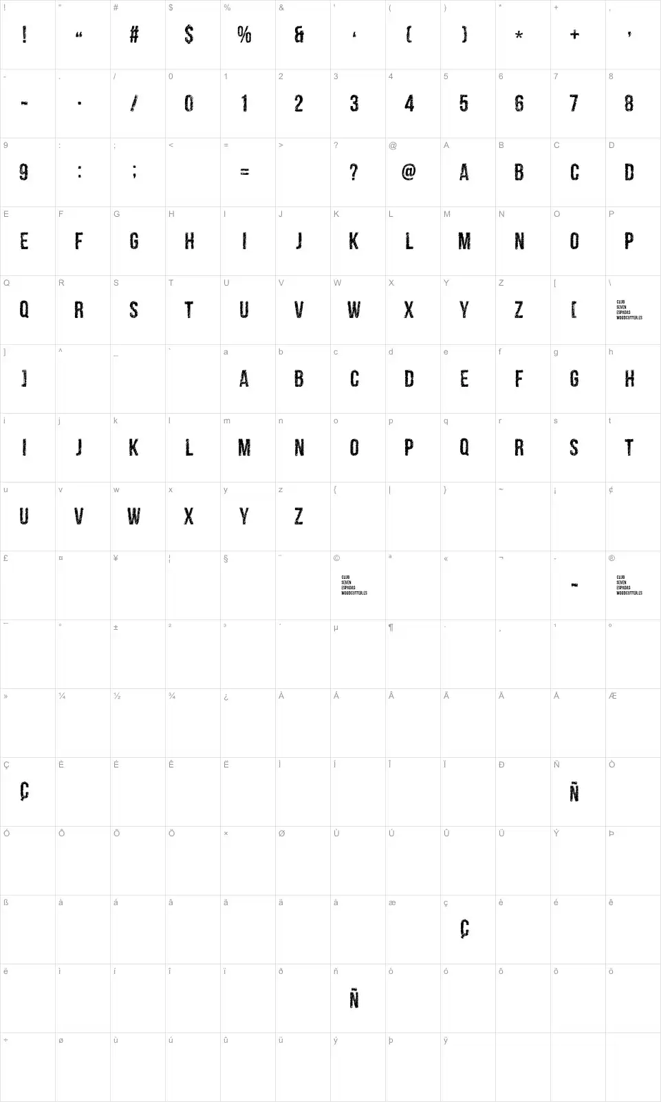 Mapa de caracteres da fonte Club Seven Espadas