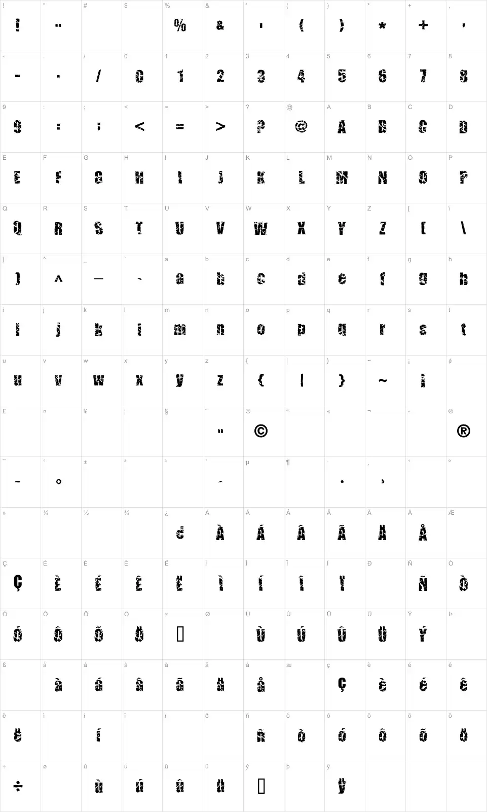 Mapa de caracteres da fonte CM Corruged