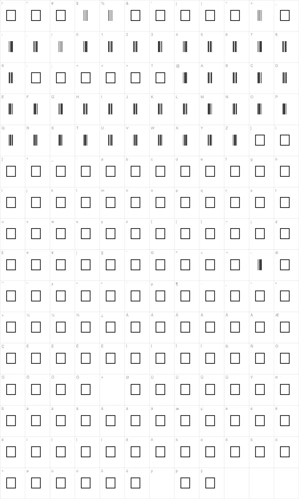 Mapa de caracteres da fonte Code 39