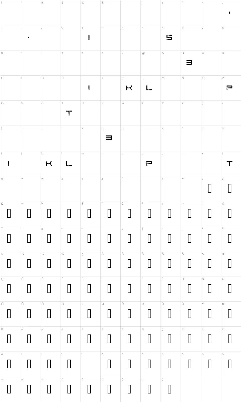 Mapa de caracteres da fonte Code Predators