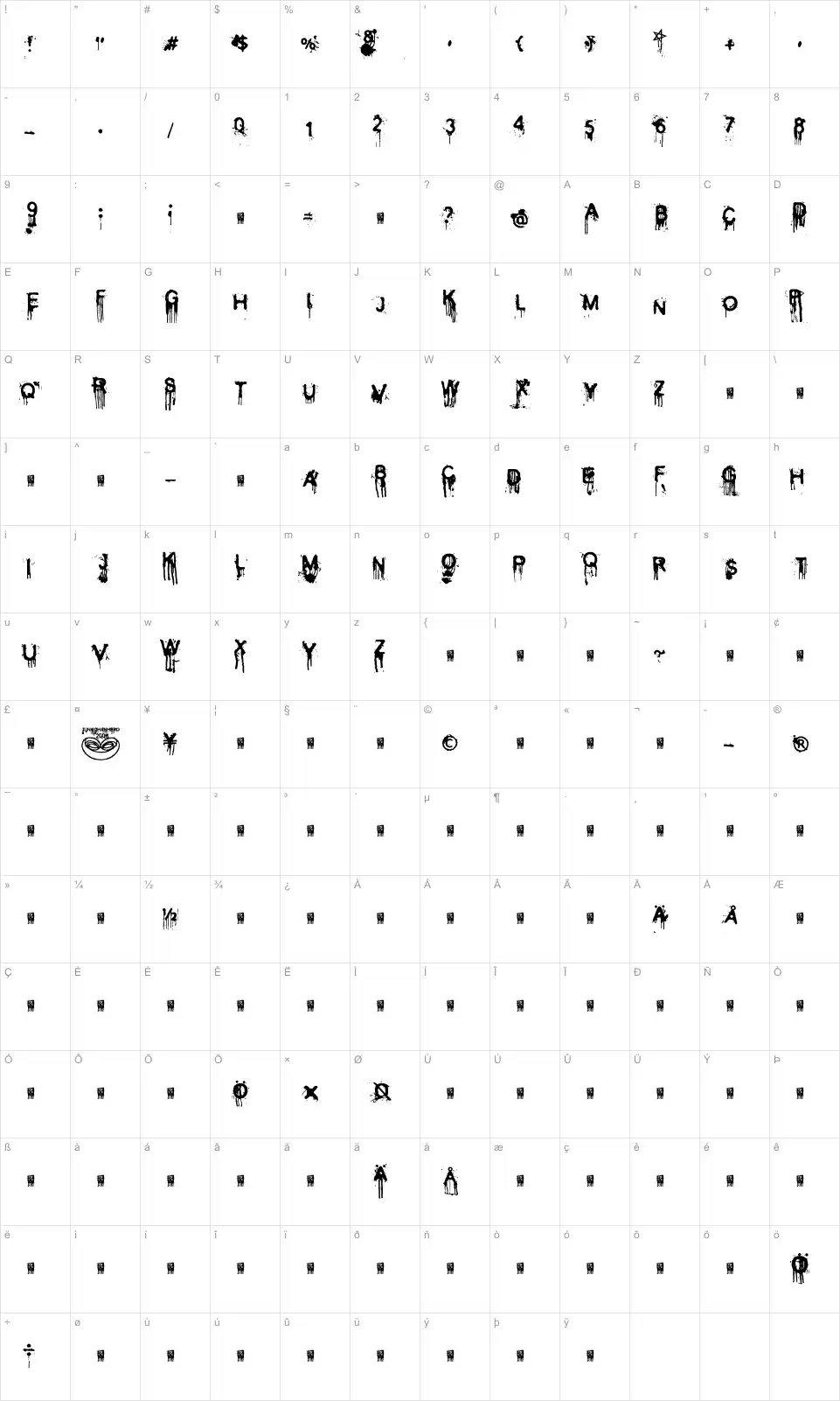 Mapa de caracteres da fonte Cold Night for Alligators