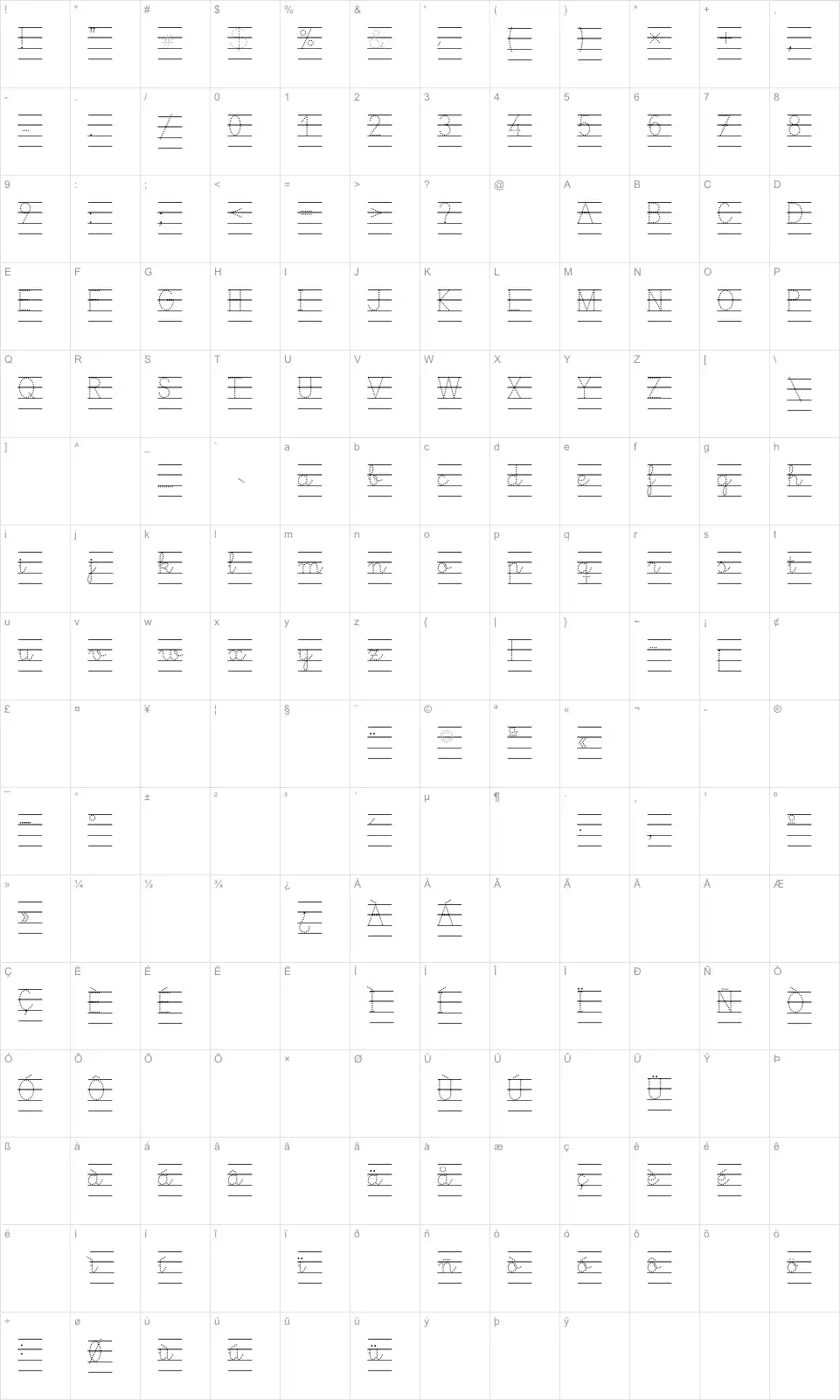 Mapa de caracteres da fonte Cole Carreira