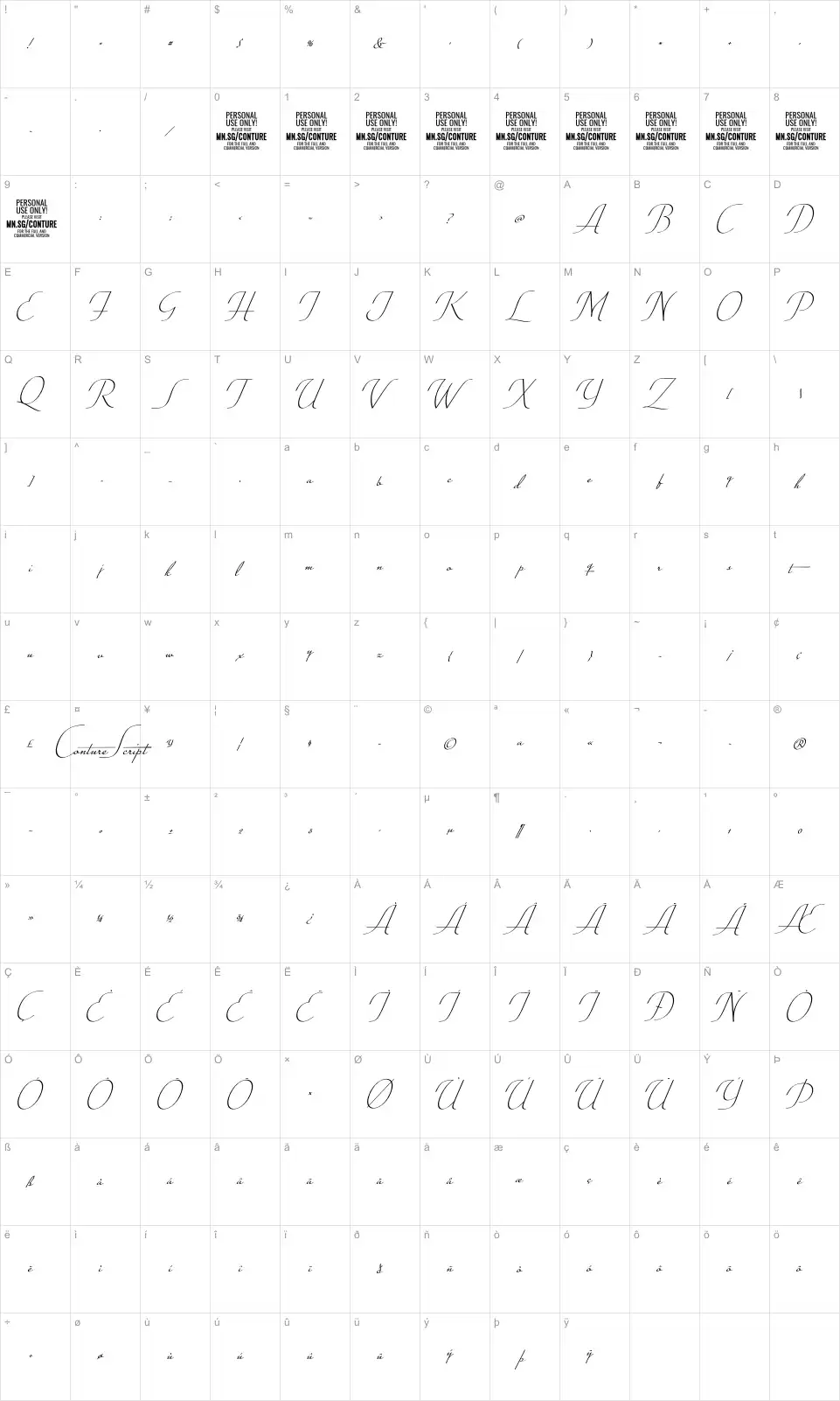 Mapa de caracteres da fonte Conture Script