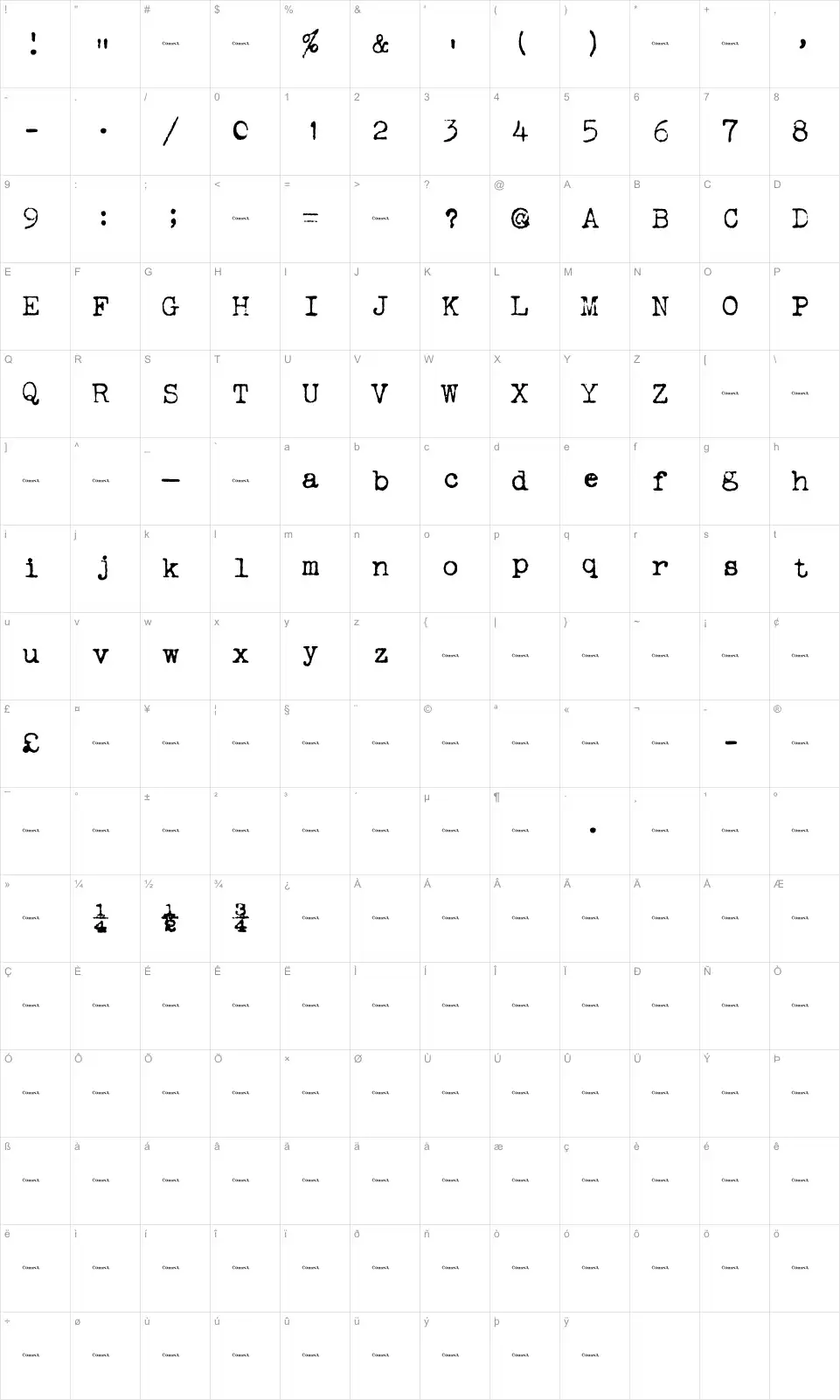 Mapa de caracteres da fonte Corona 3 Typewriter